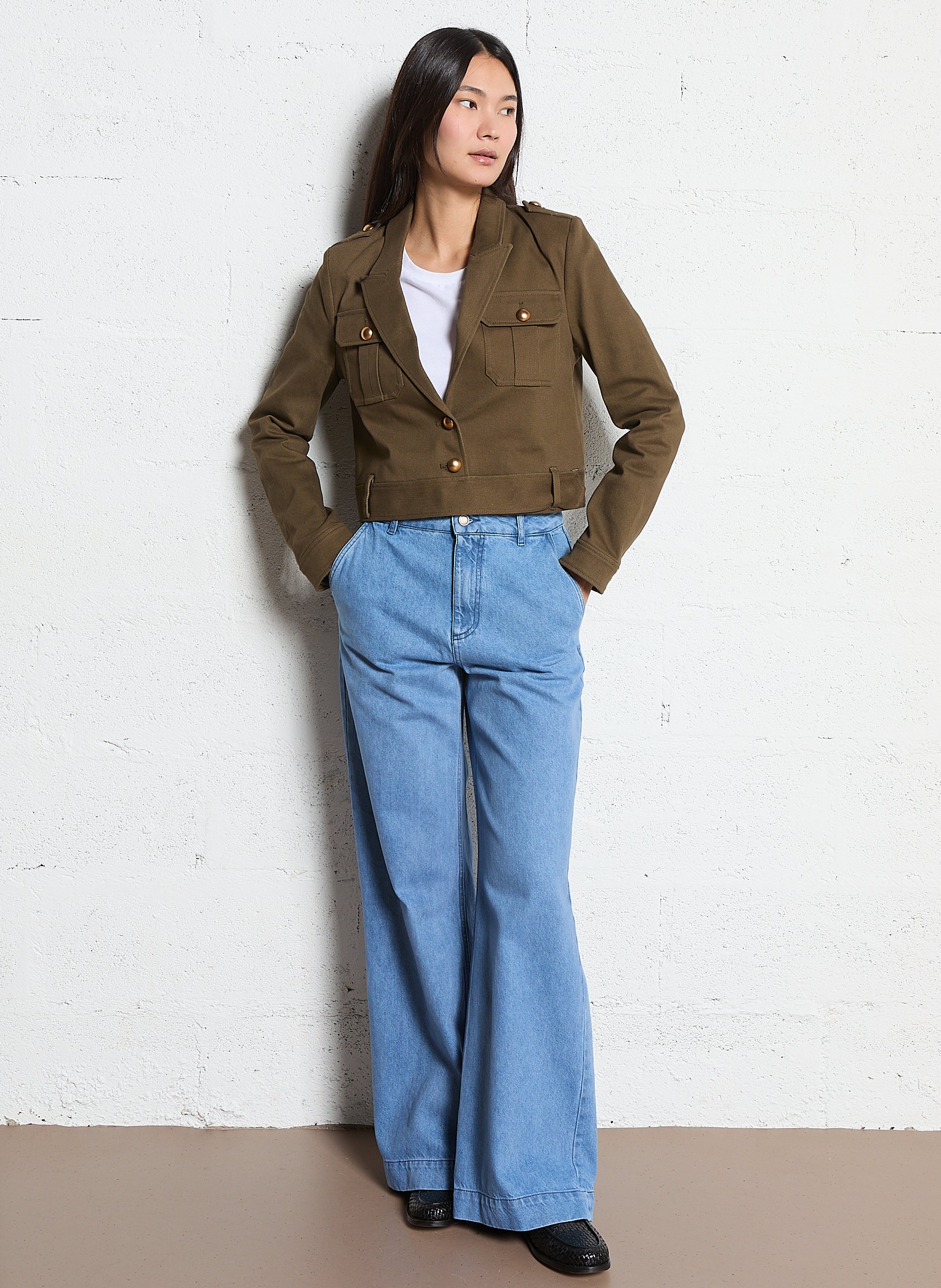 Veste droite col tailleur en coton méangé IKKS Kaki