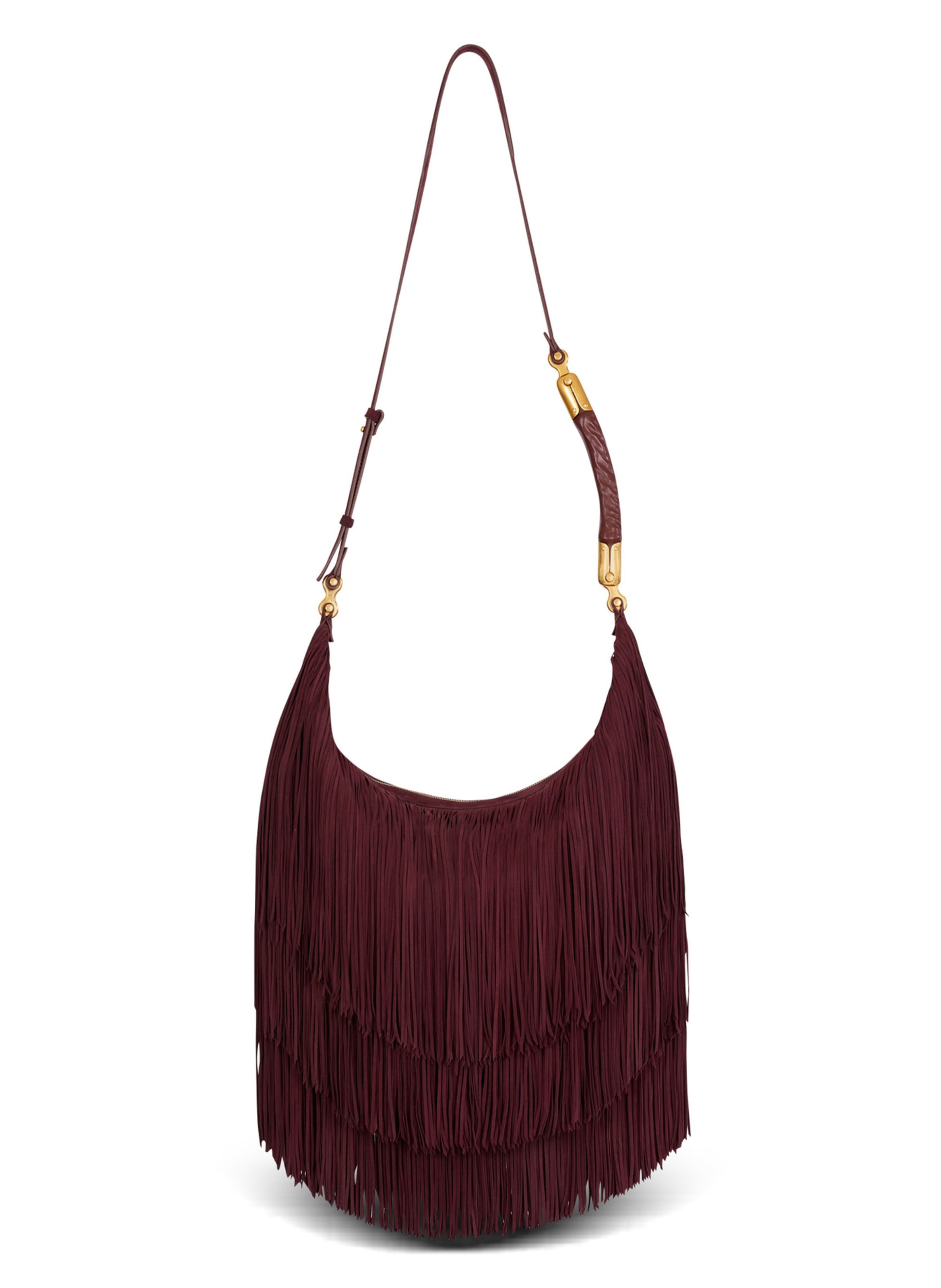 Sac ébène hobo large en cuir suédé à franges BALMAIN Marron