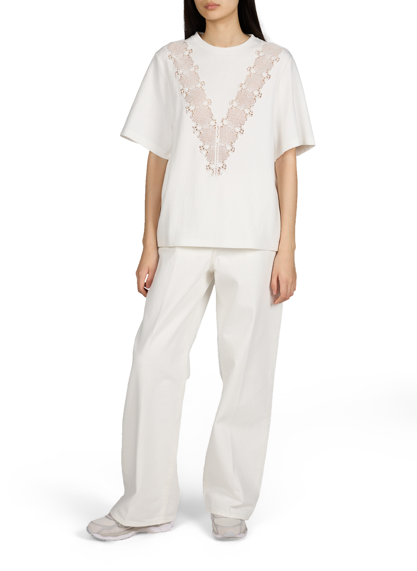 T-shirt col rond dentelle sur le devant en coton mélangé BERENICE Blanc