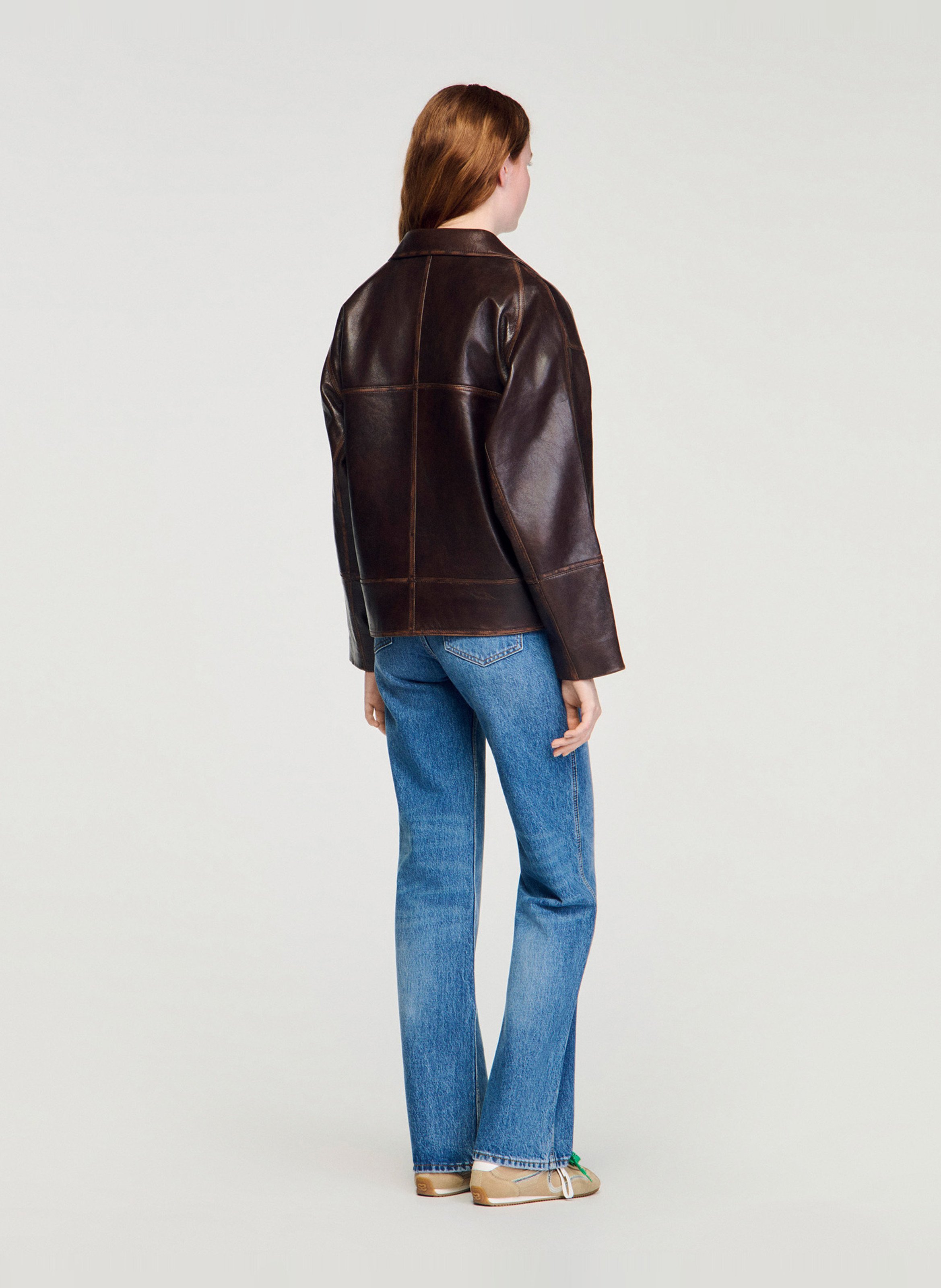 Veste col tailleur en cuir SANDRO Marron