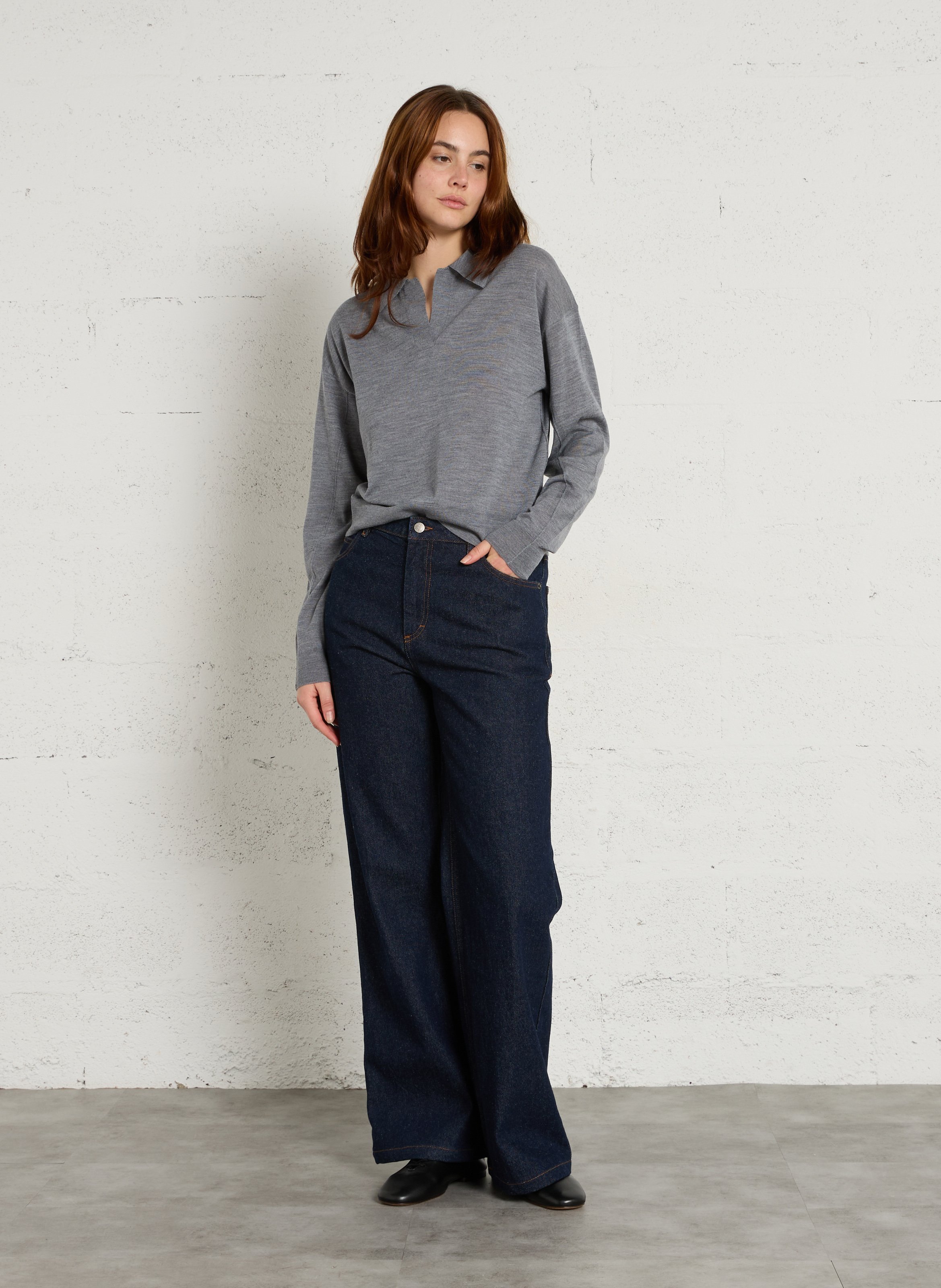 Pull col polo en laine Fleming SOEUR Gris