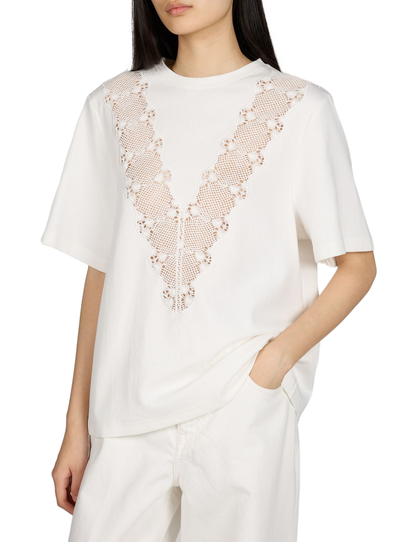 T-shirt col rond dentelle sur le devant en coton mélangé BERENICE Blanc