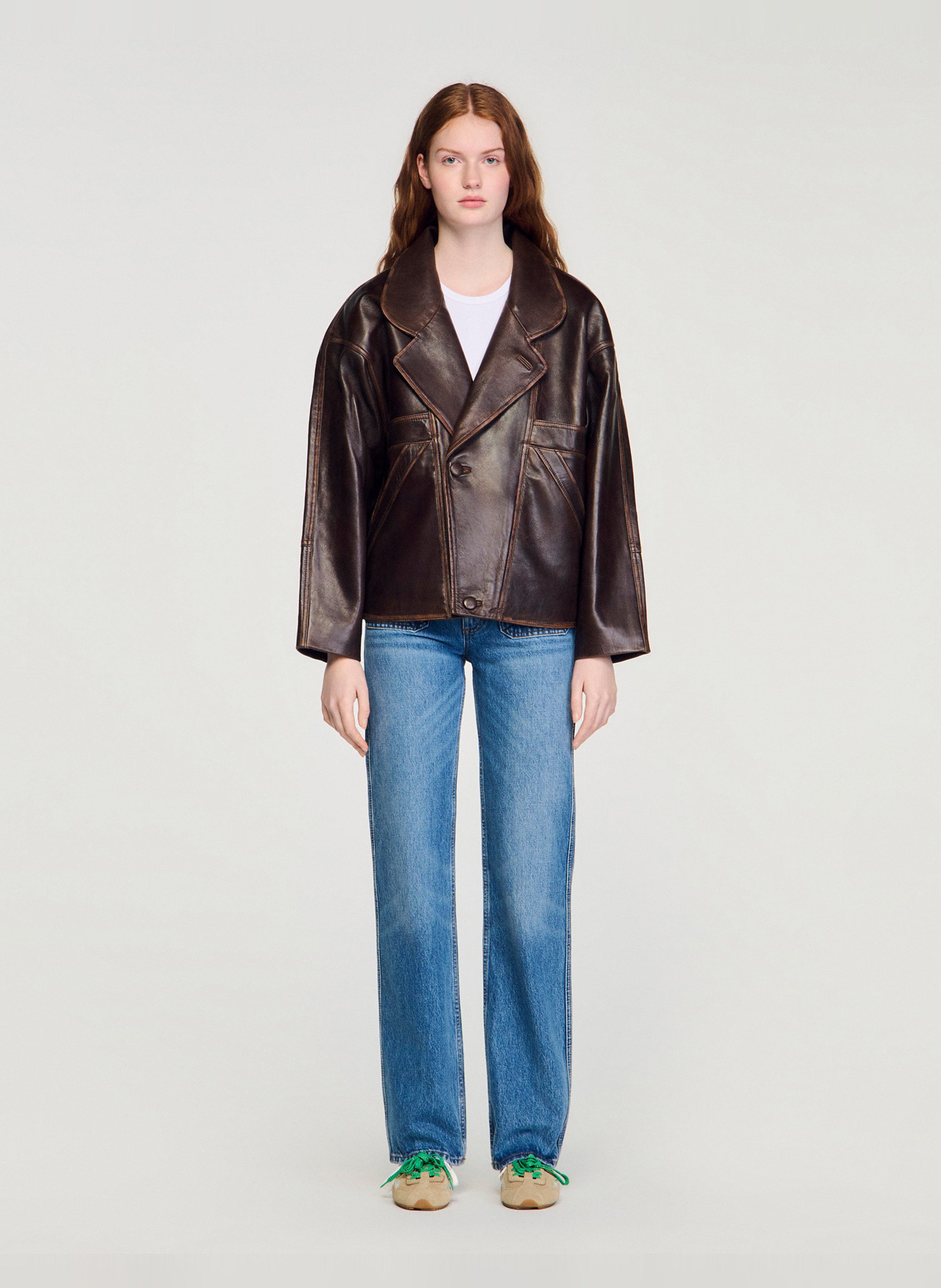 Veste col tailleur en cuir SANDRO Marron