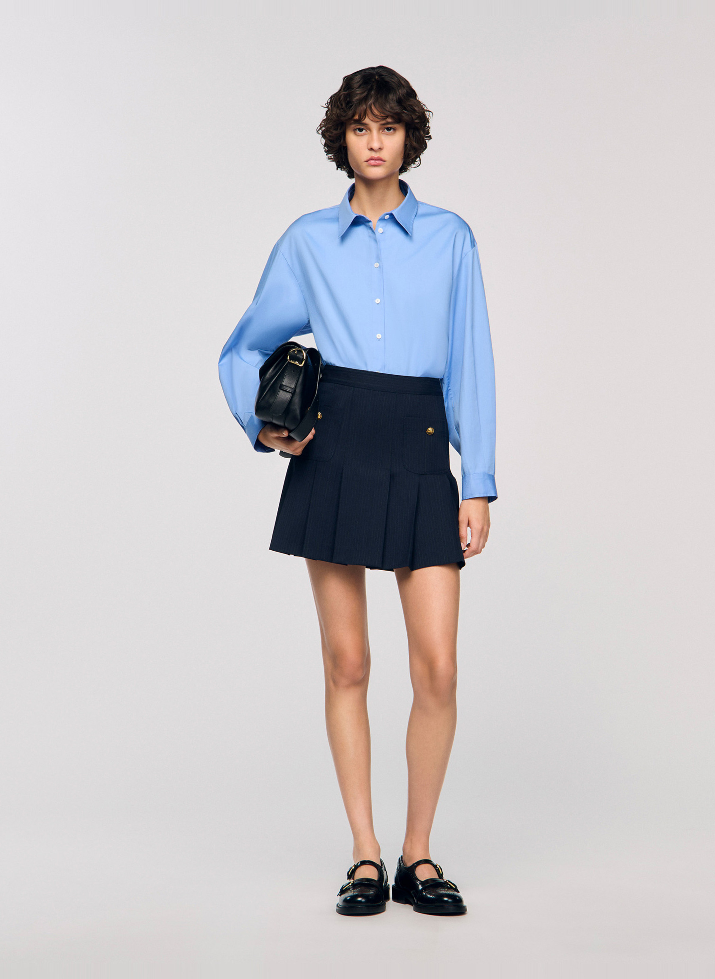 Jupe courte taille haute en laine mélangée SANDRO Bleu