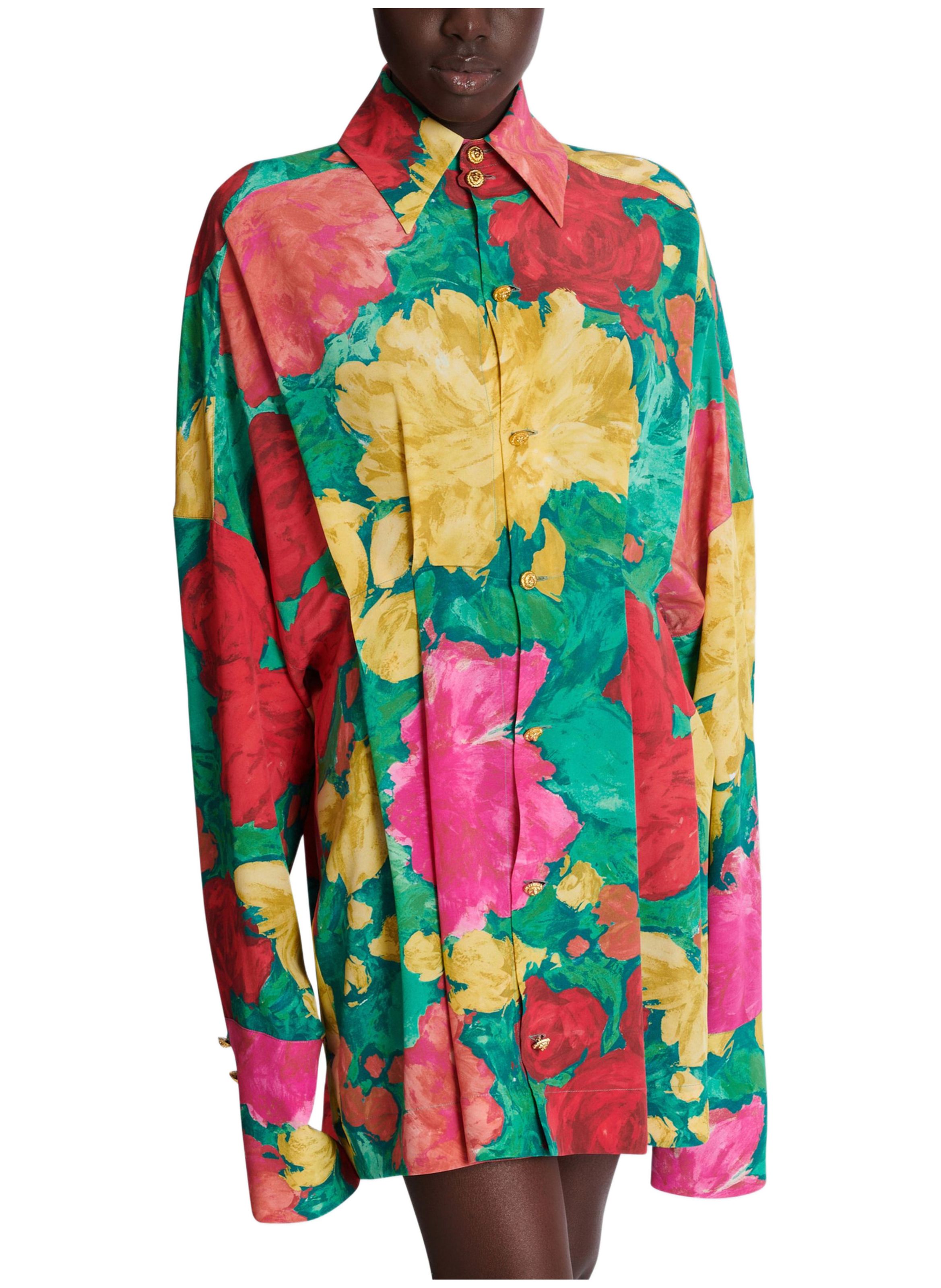 Robe-chemise en crêpe à imprimé roses BALMAIN Multicolore