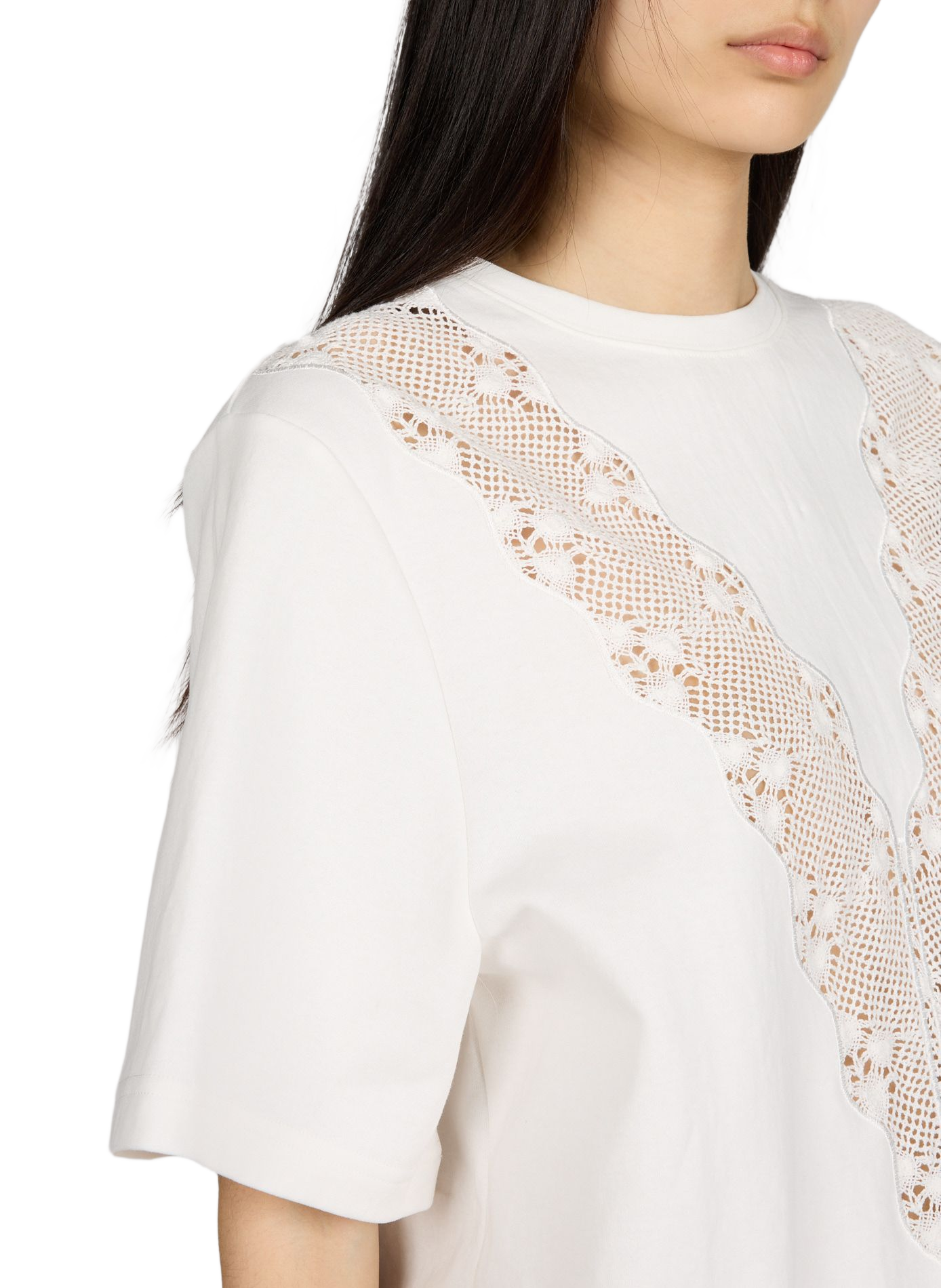 T-shirt col rond dentelle sur le devant en coton mélangé BERENICE Blanc