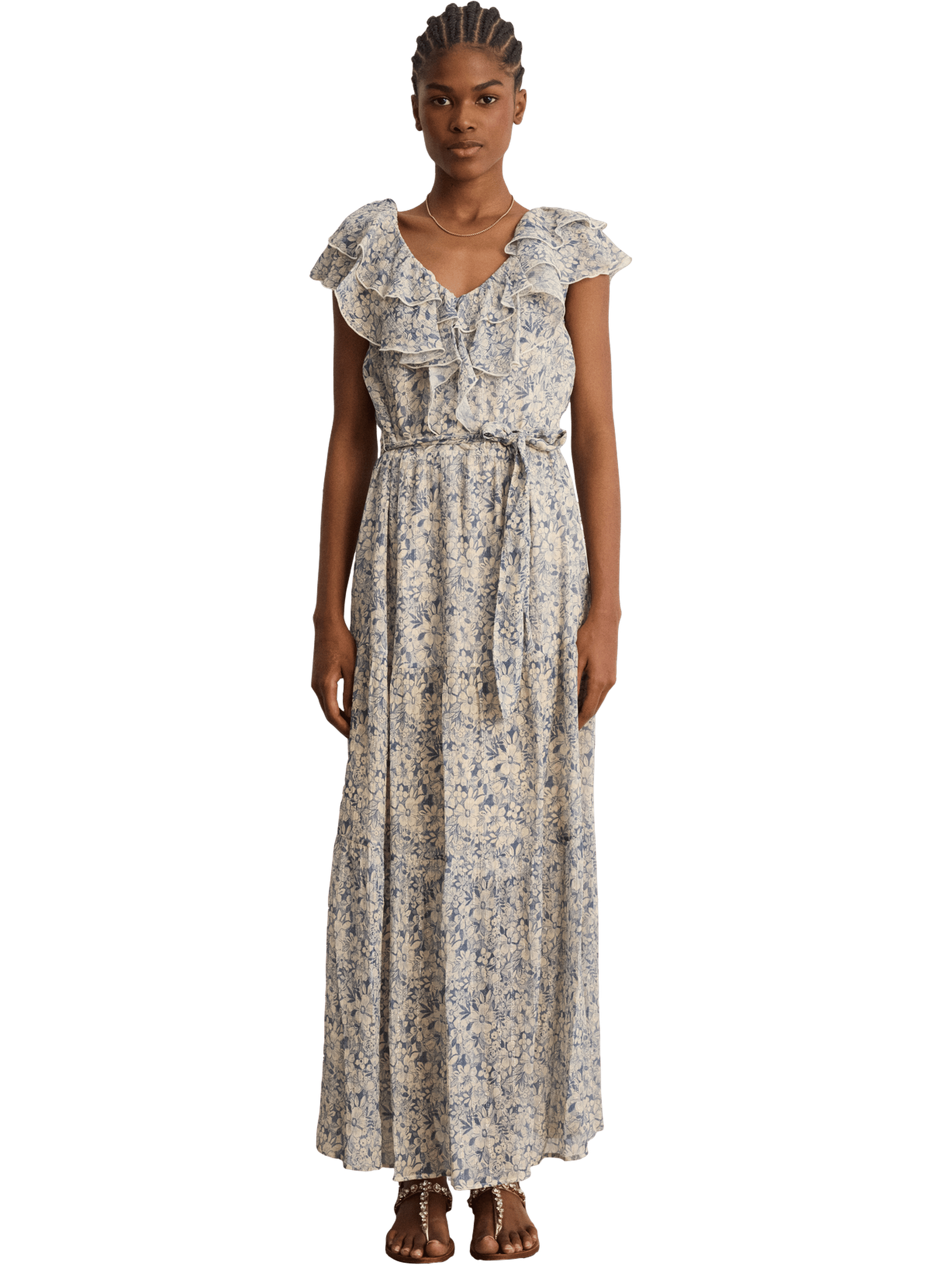 Robe longue à fleurs et volants - arlene PABLO Bleu