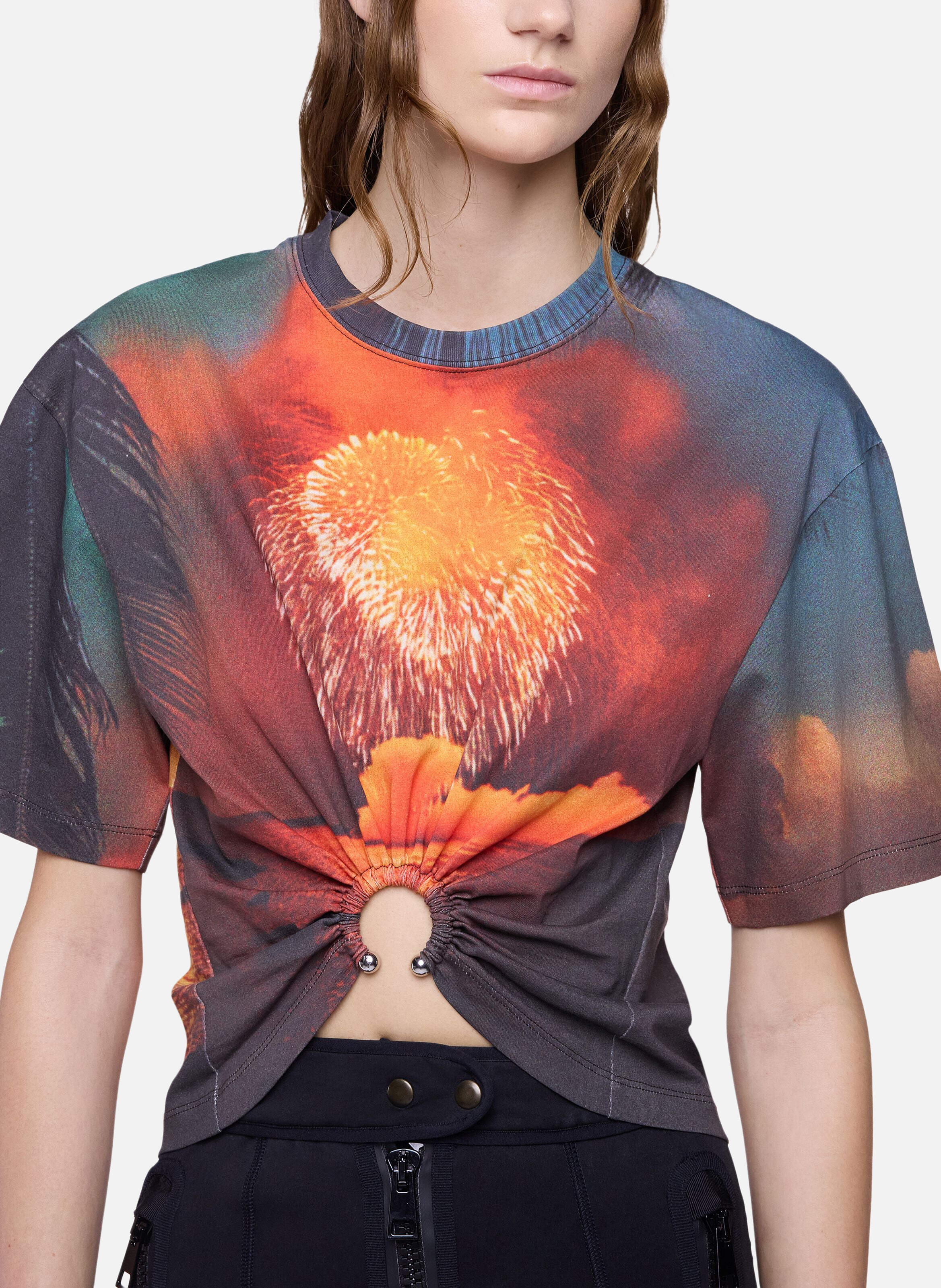 T-shirt en coton imprimé feu d’artifice avec détail piercing signature RABANNE Orange