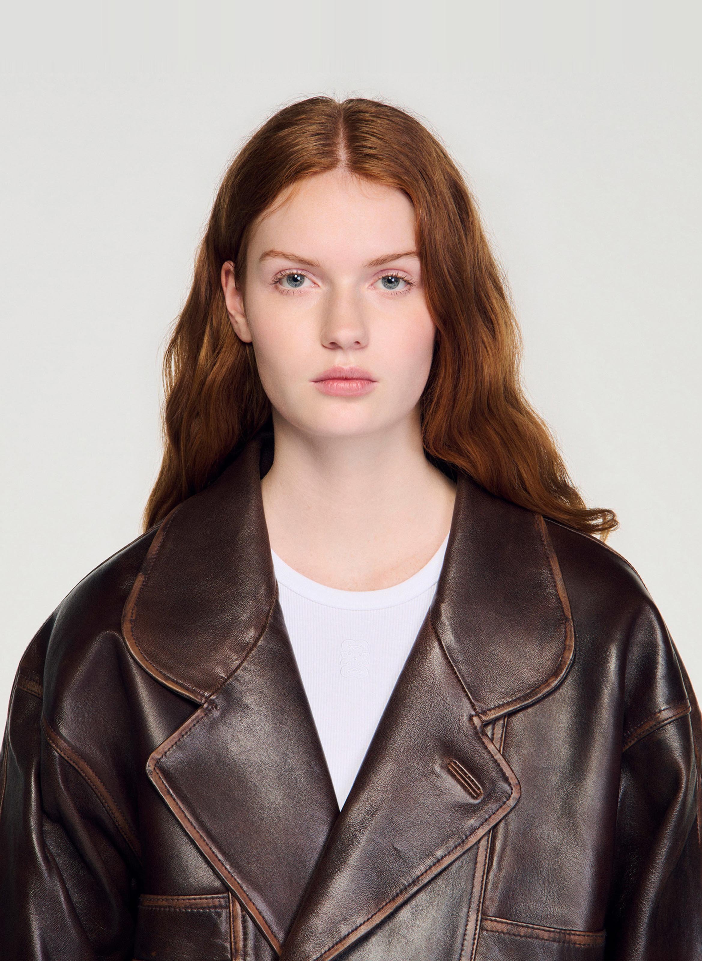 Veste col tailleur en cuir SANDRO Marron