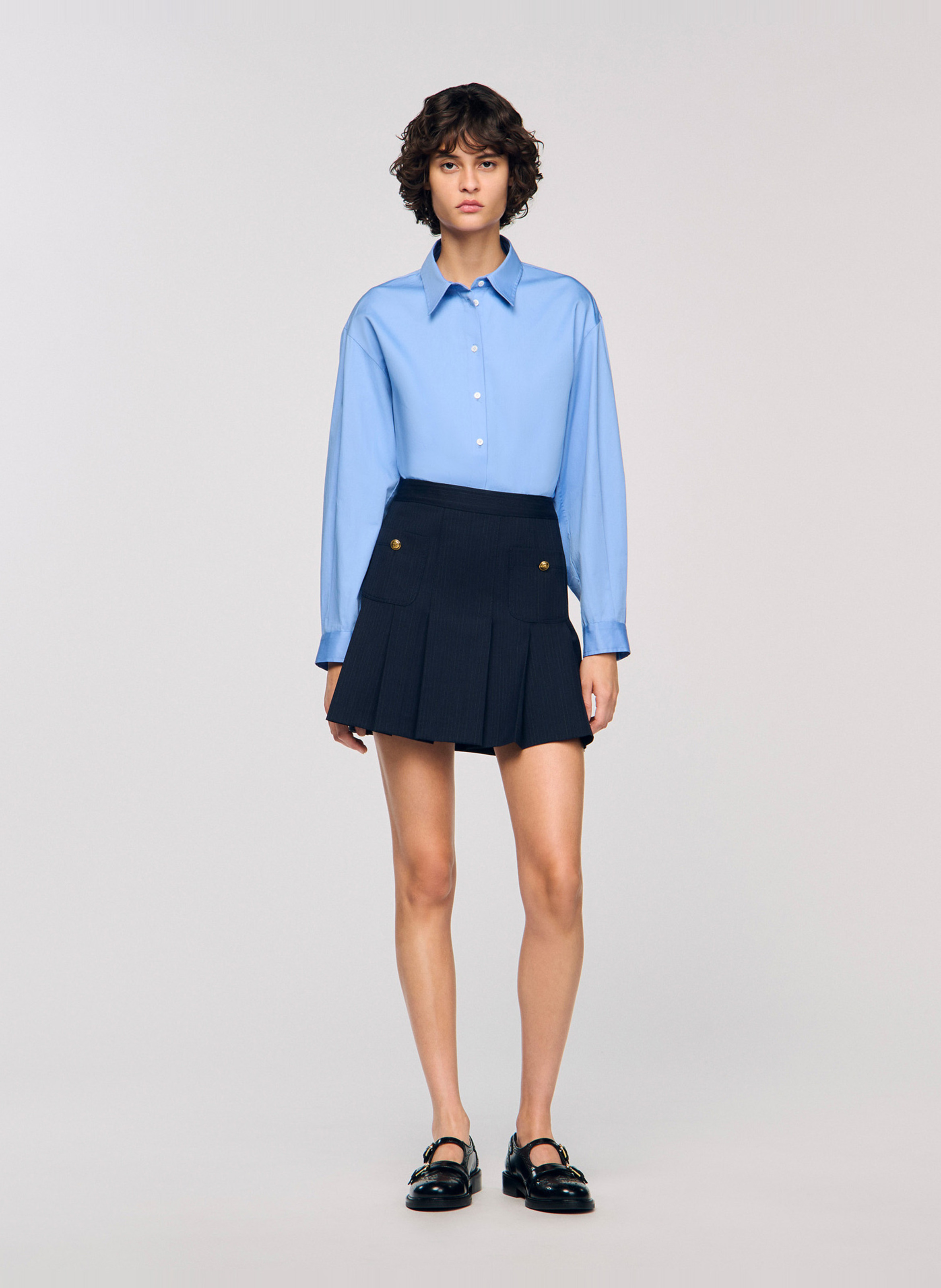 Jupe courte taille haute en laine mélangée SANDRO Bleu