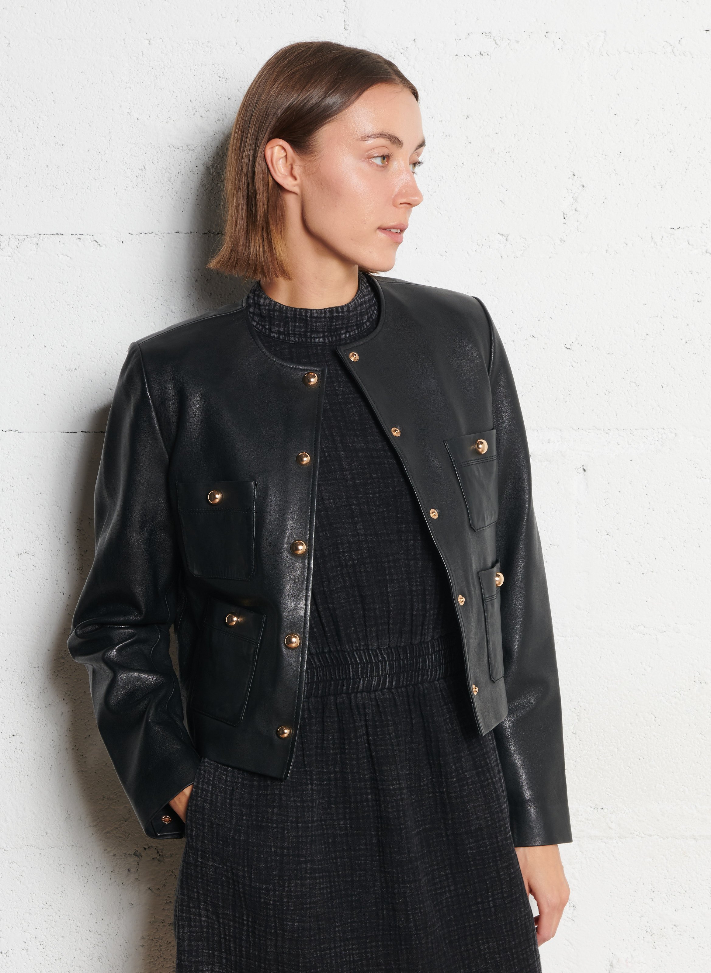 Veste droite col rond en cuir IKKS Noir