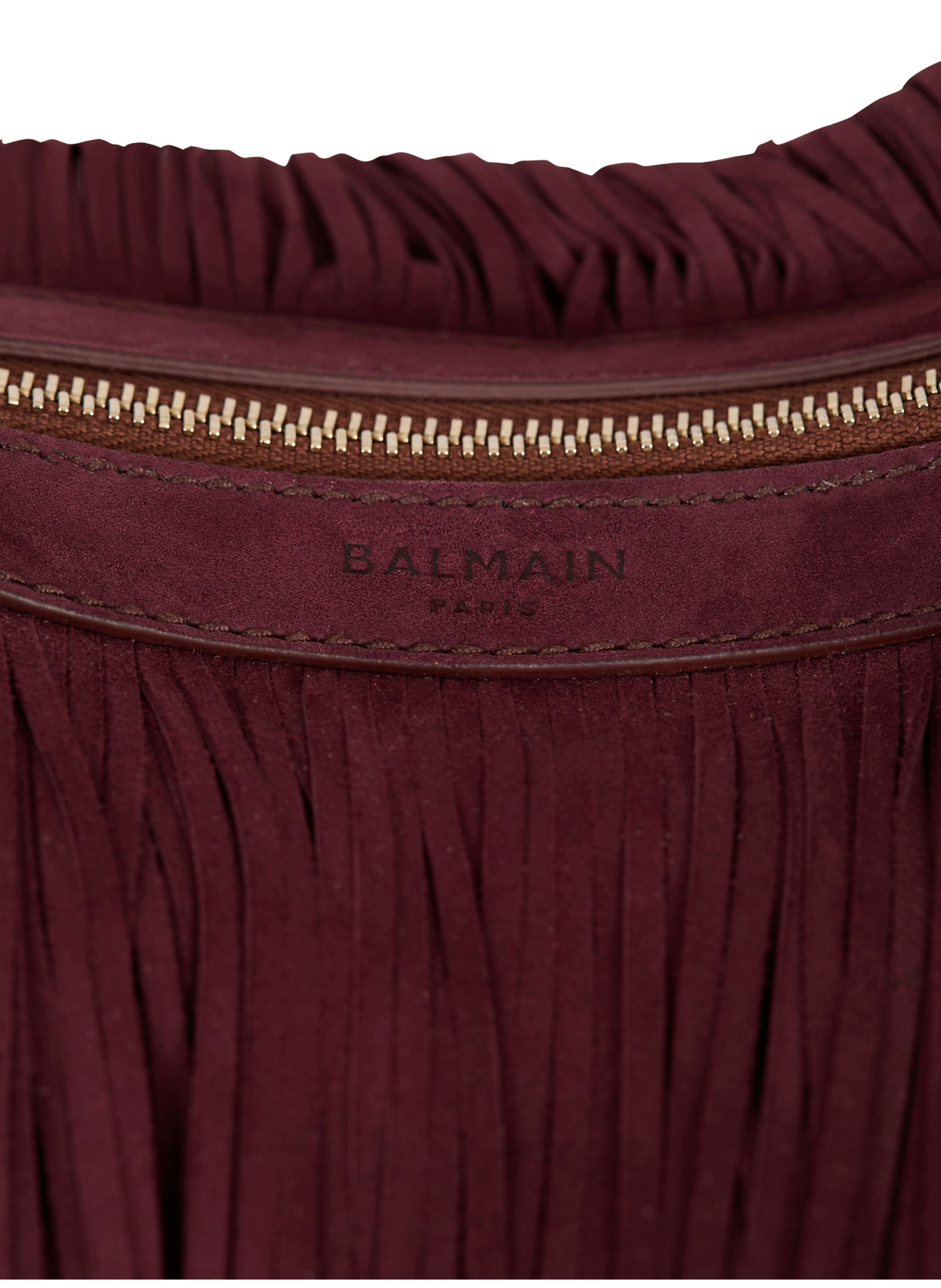 Sac ébène hobo large en cuir suédé à franges BALMAIN Marron