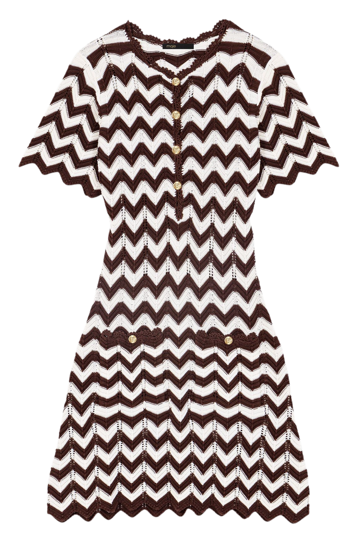 Robe courte col rond en coton rayé MAJE Marron
