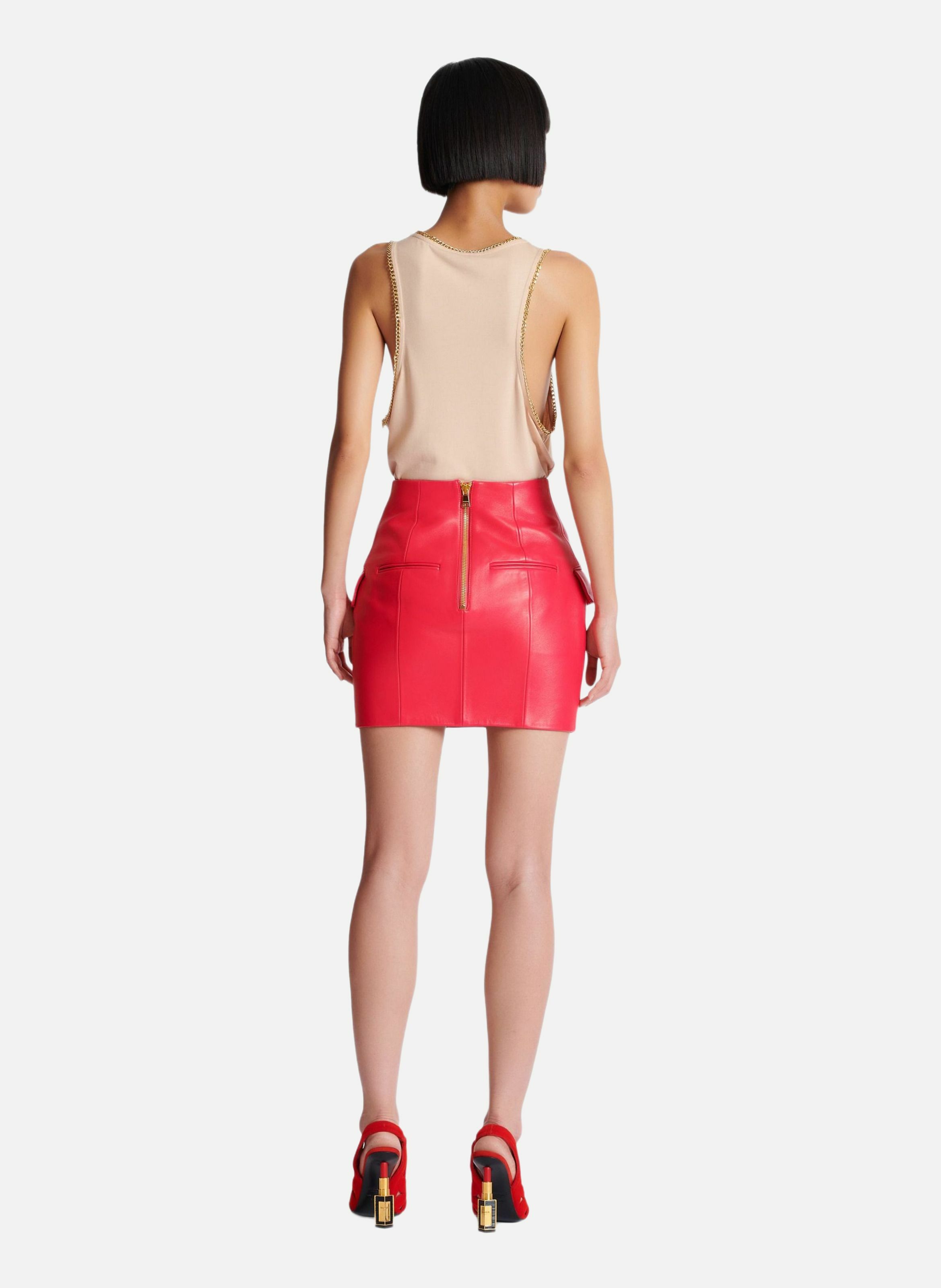 Jupe courte en cuir d'agneau BALMAIN Rose