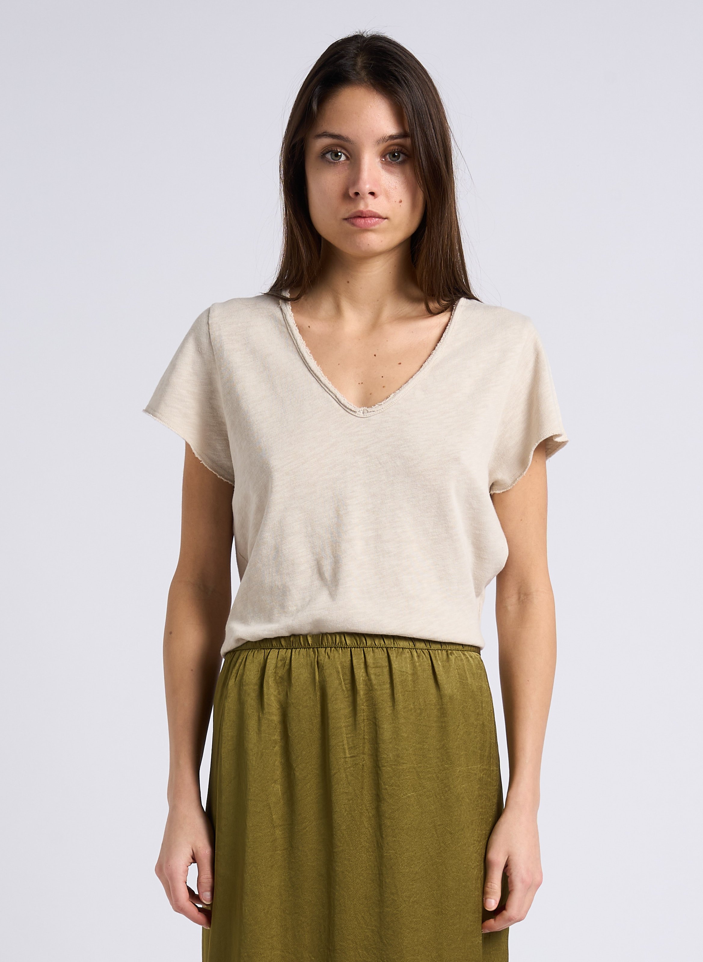 Tee-shirt droit col v en coton sonoma AMERICAN VINTAGE Beige