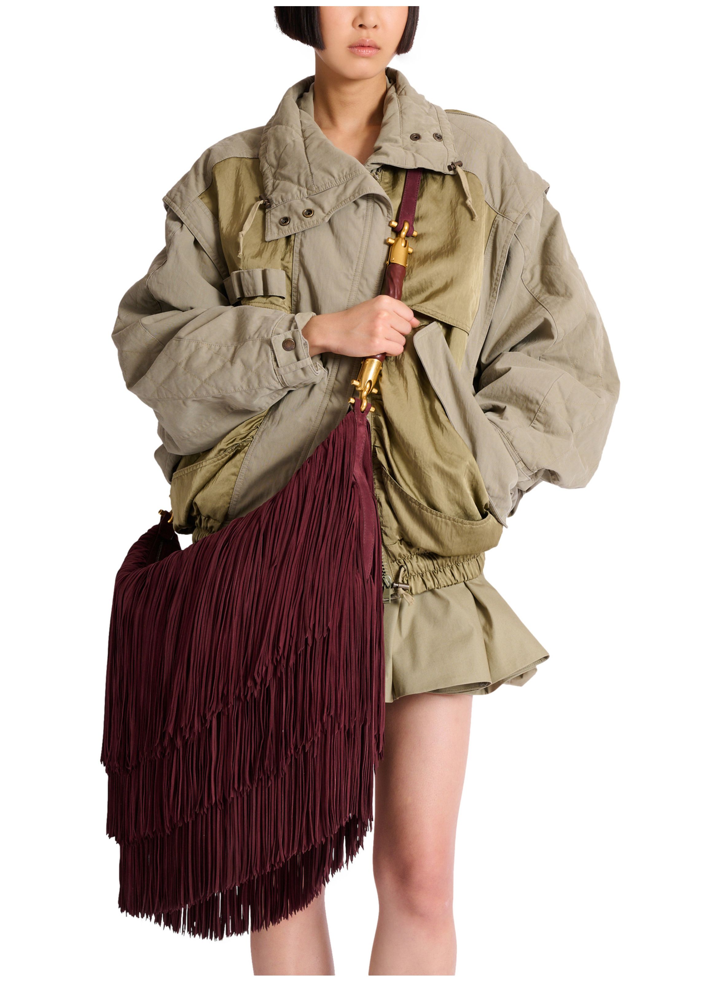 Sac ébène hobo large en cuir suédé à franges BALMAIN Marron