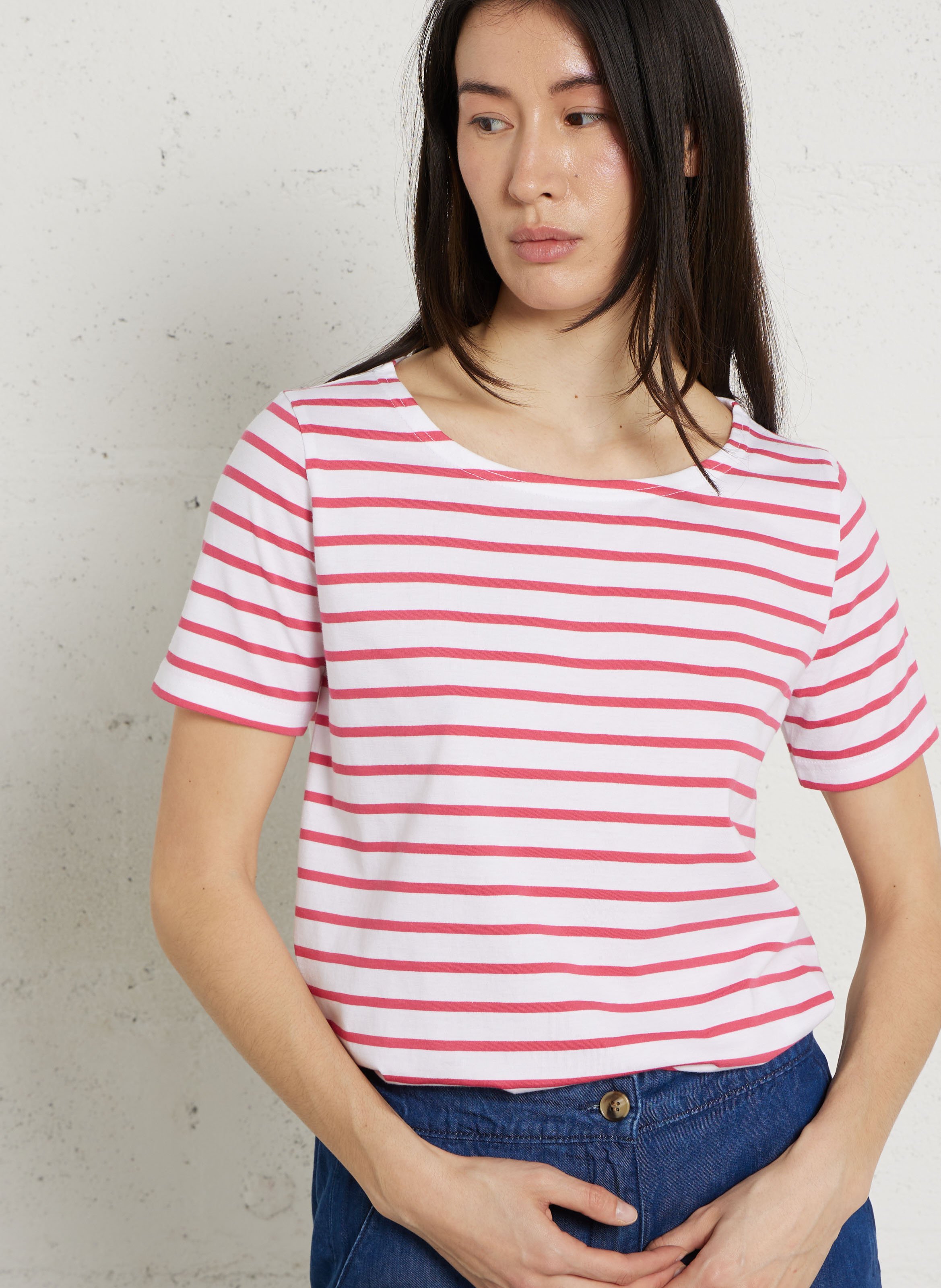 Tee-shirt col rond à rayures en coton ARMOR-LUX Blanc