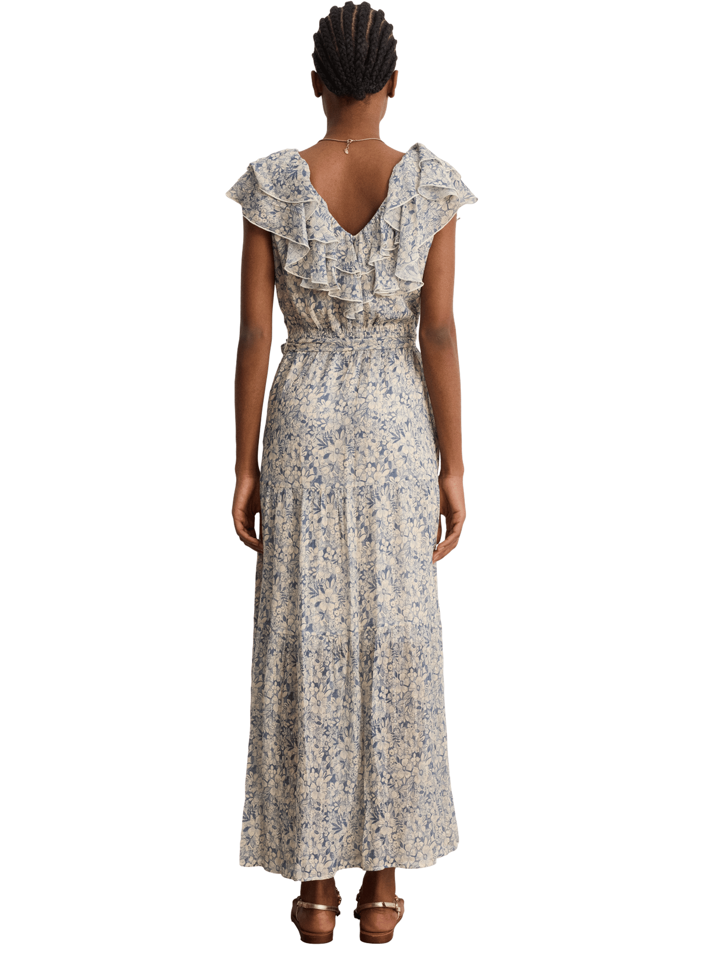 Robe longue à fleurs et volants - arlene PABLO Bleu