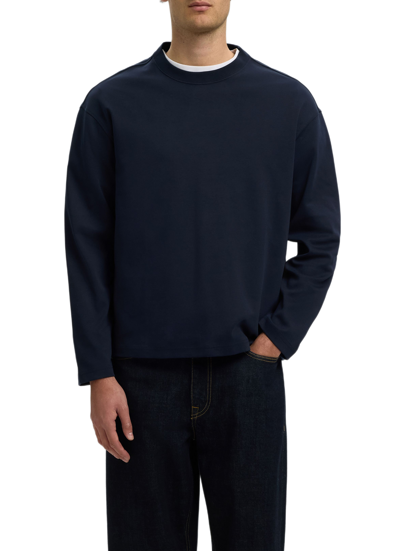 Gerader Rundhals-T-Shirt aus Baumwolle SELECTED Blau