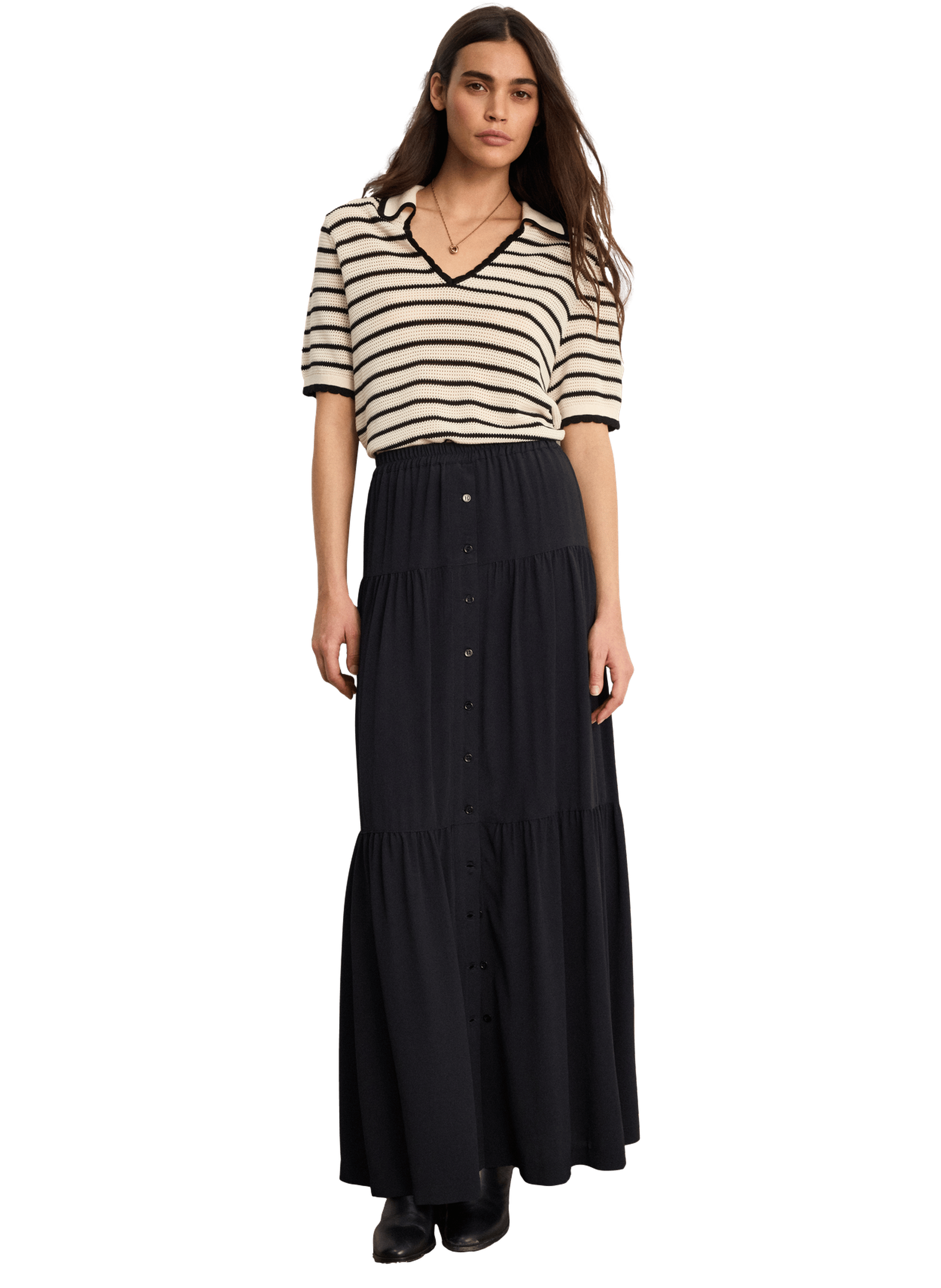 Jupe longue boutonnée à volants - naela PABLO Noir