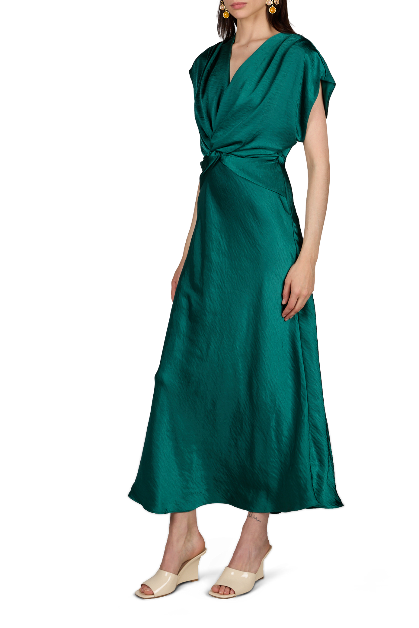 Abito lungo in satin con cintura annodata alla vita OBJECT Verde