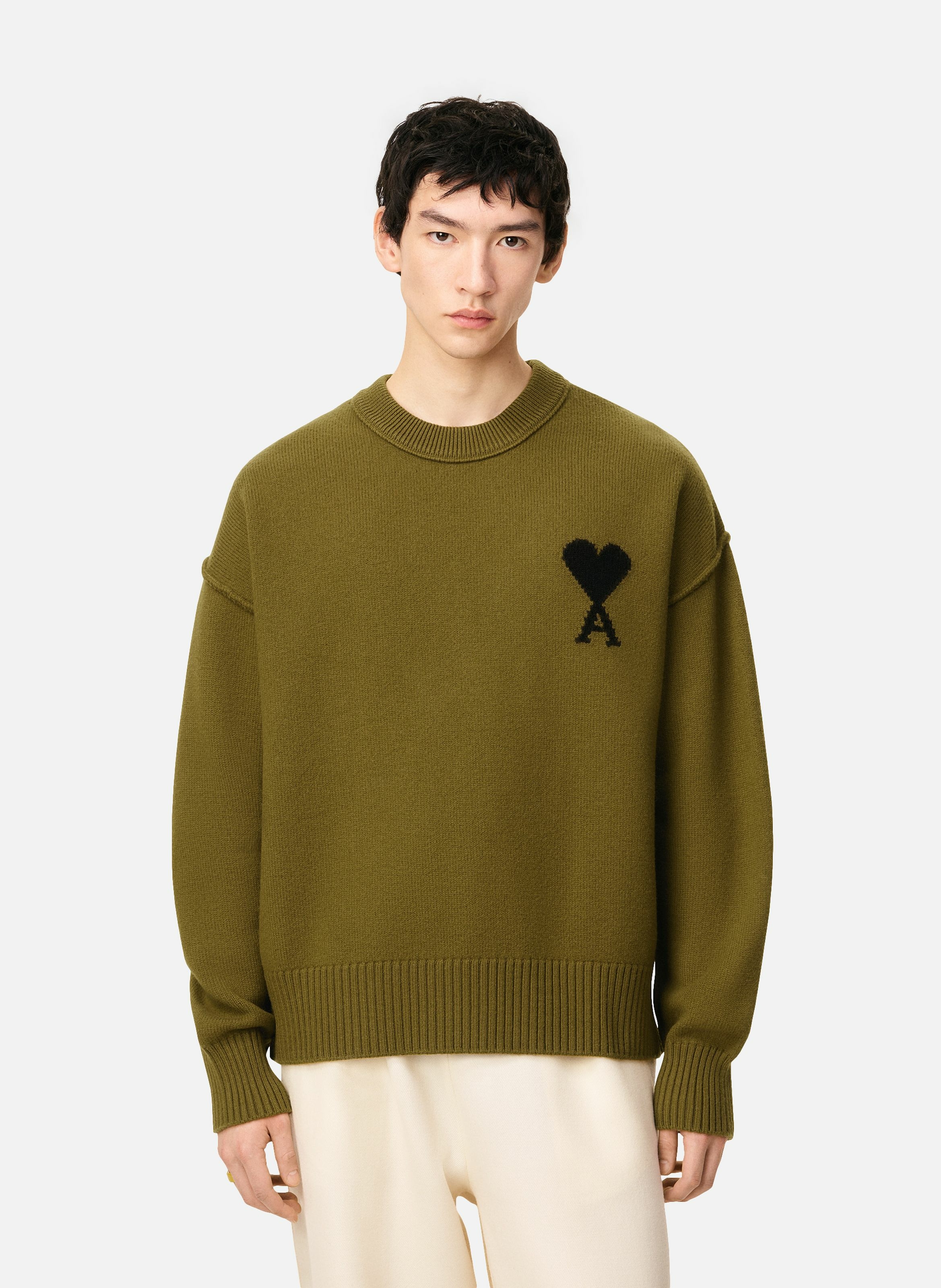 Pull col rond ami de coeur en laine unisexe AMI PARIS Vert