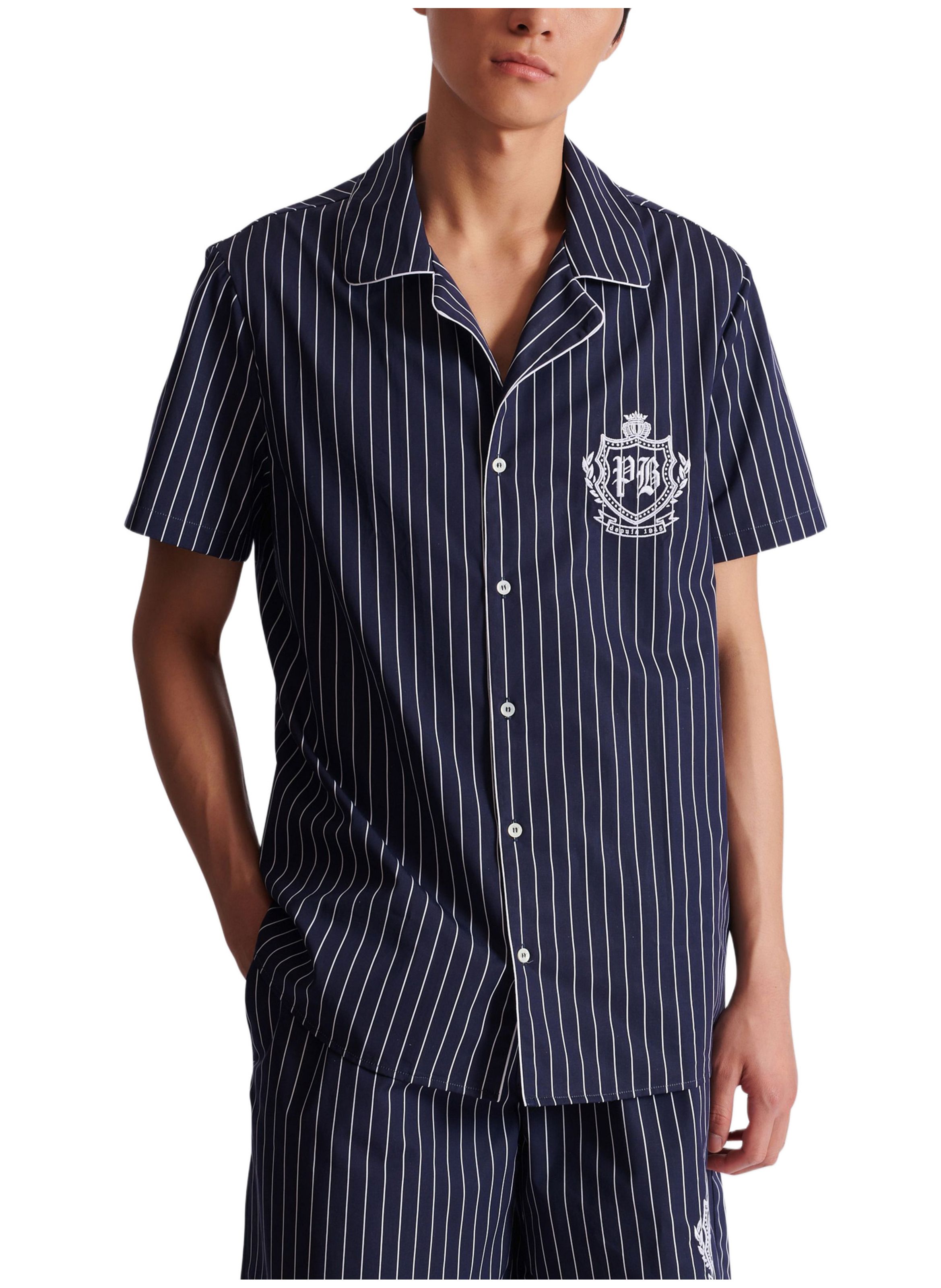 Chemise pyjama en popeline à rayures BALMAIN Bleu