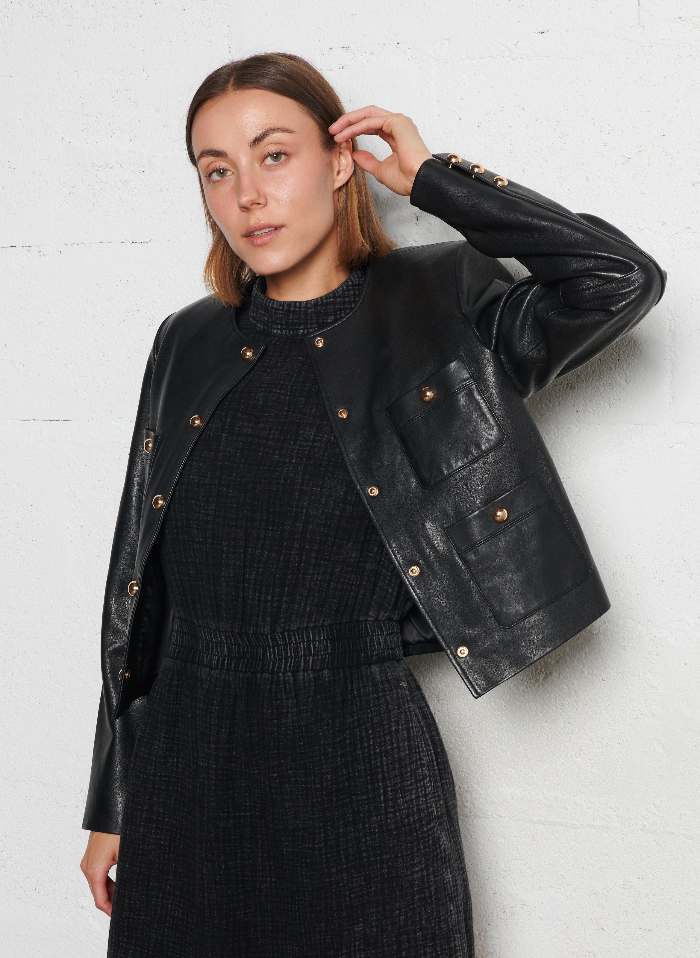 Veste droite col rond en cuir IKKS Noir