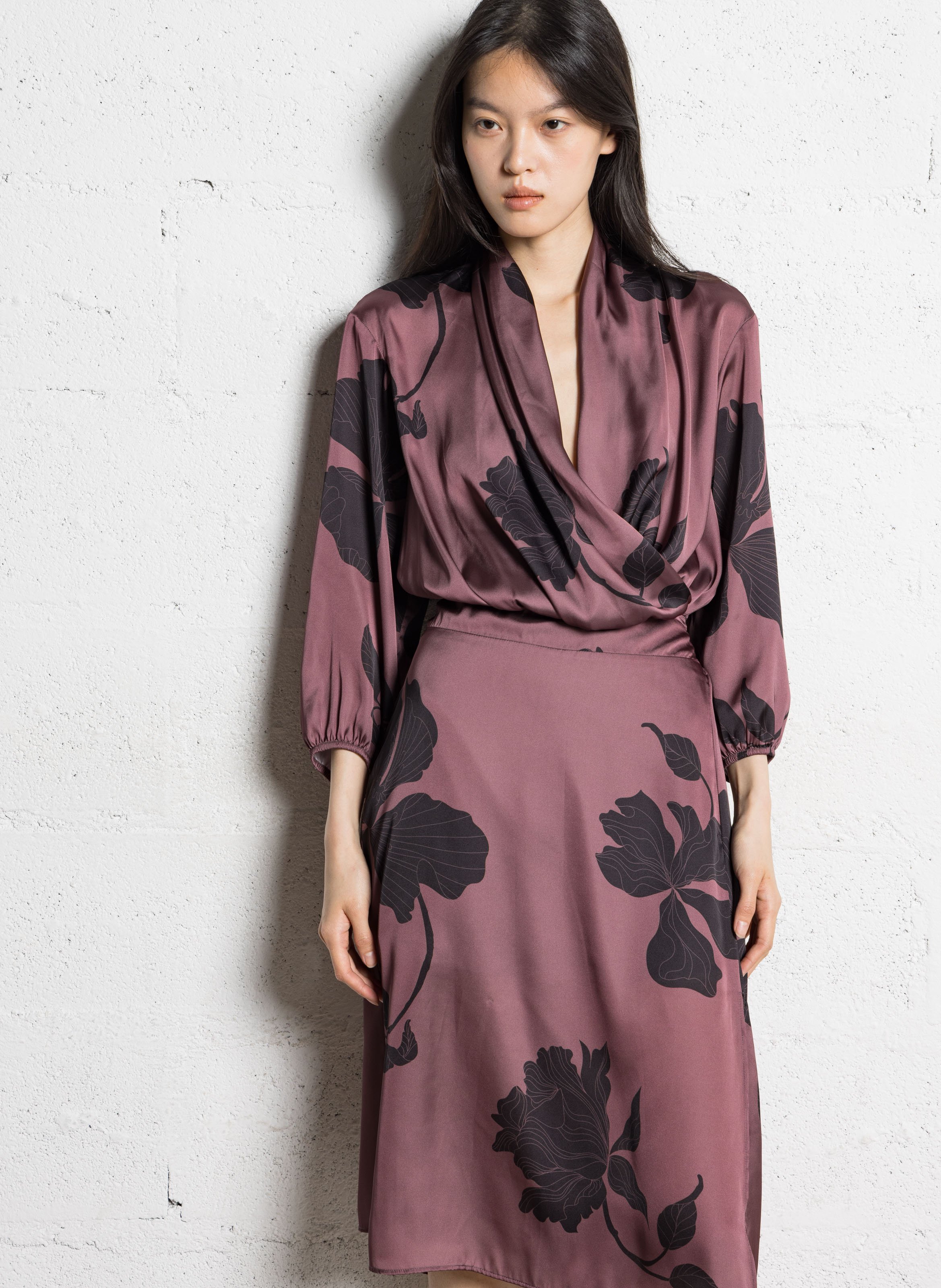 Robe midi col v imprimé floral IKKS Marron