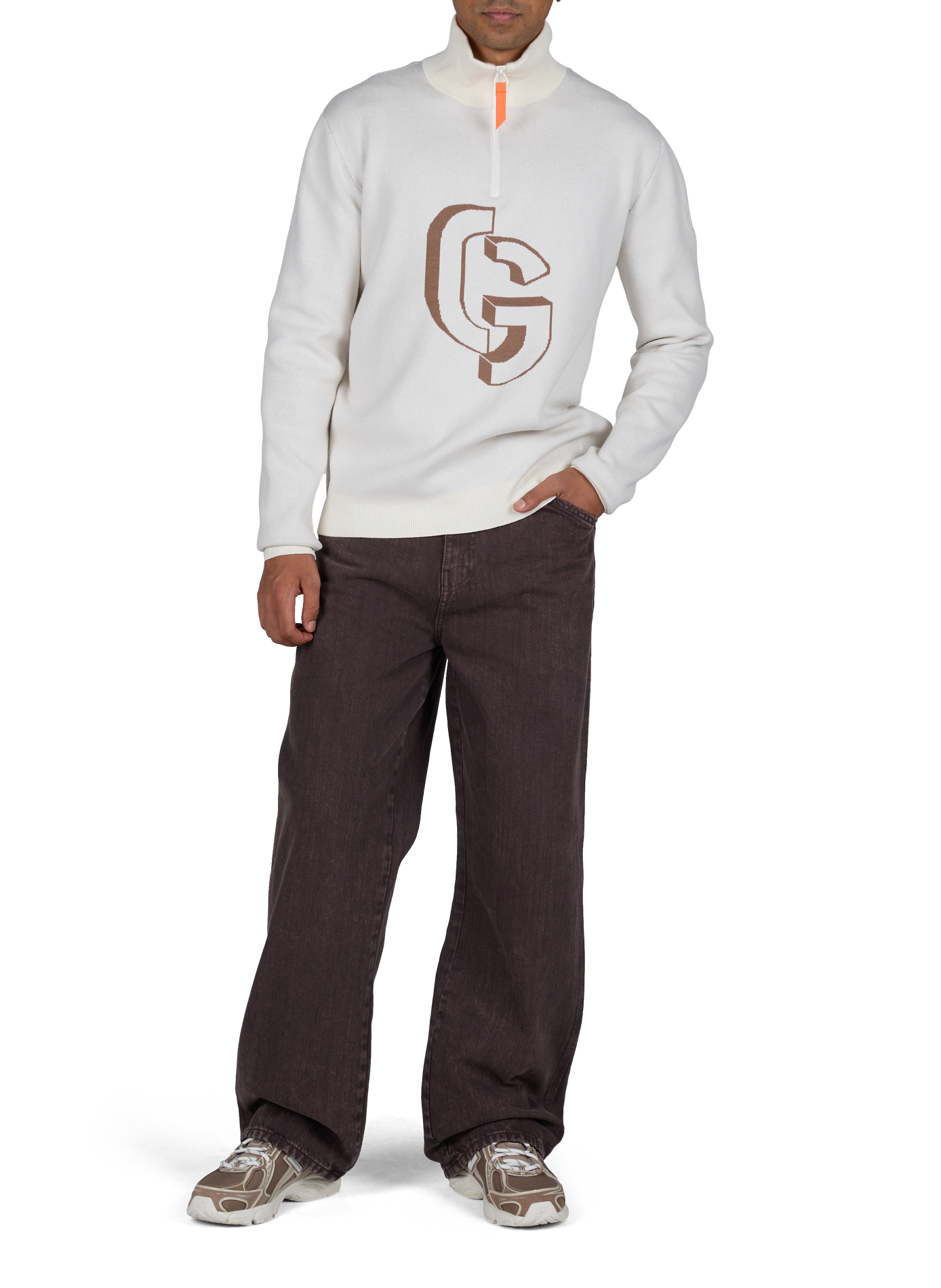 Straight-cut sweater with high collar and zippered pattern. GERTRUDE Beige