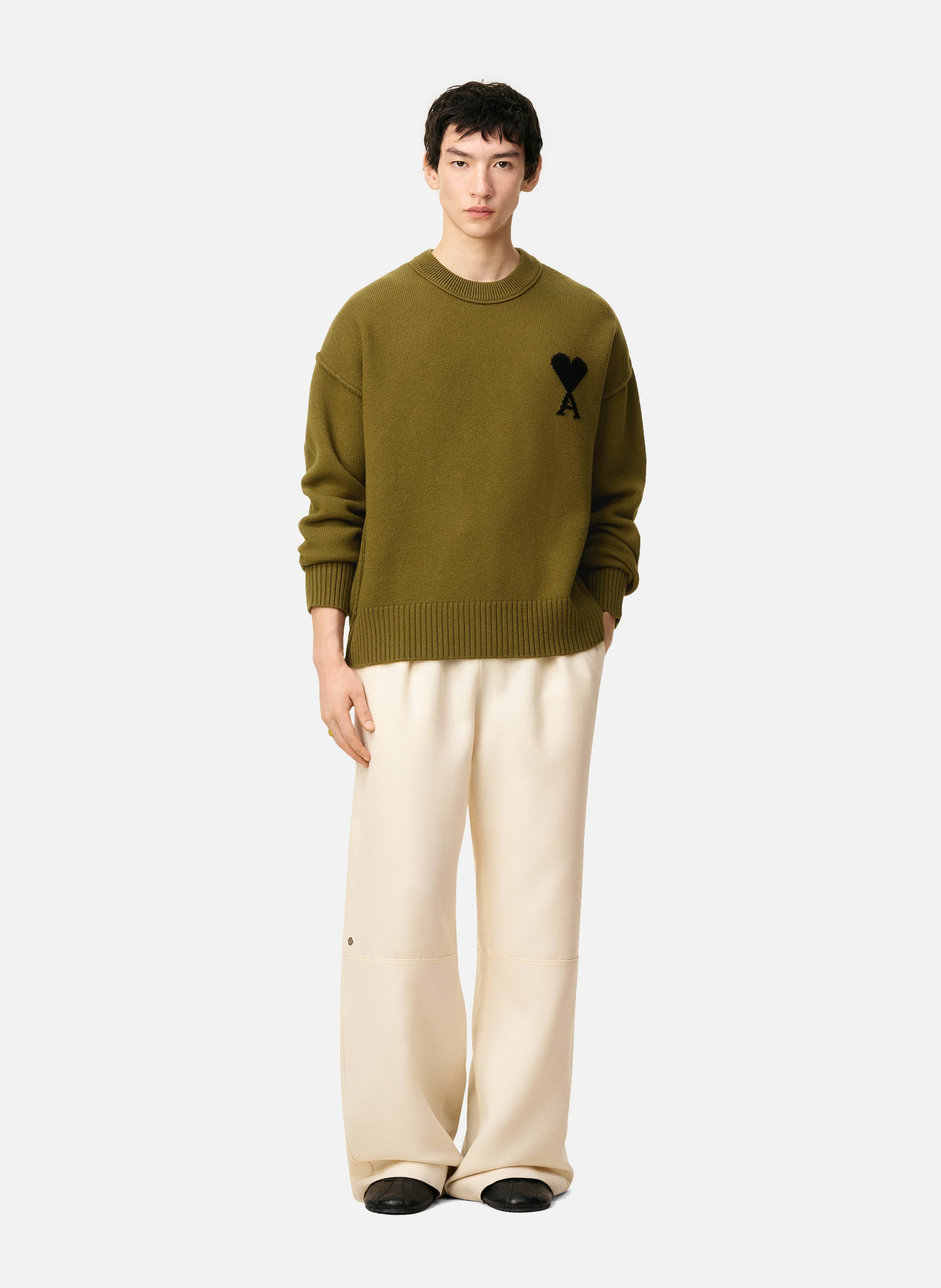 Pull col rond ami de coeur en laine unisexe AMI PARIS Vert