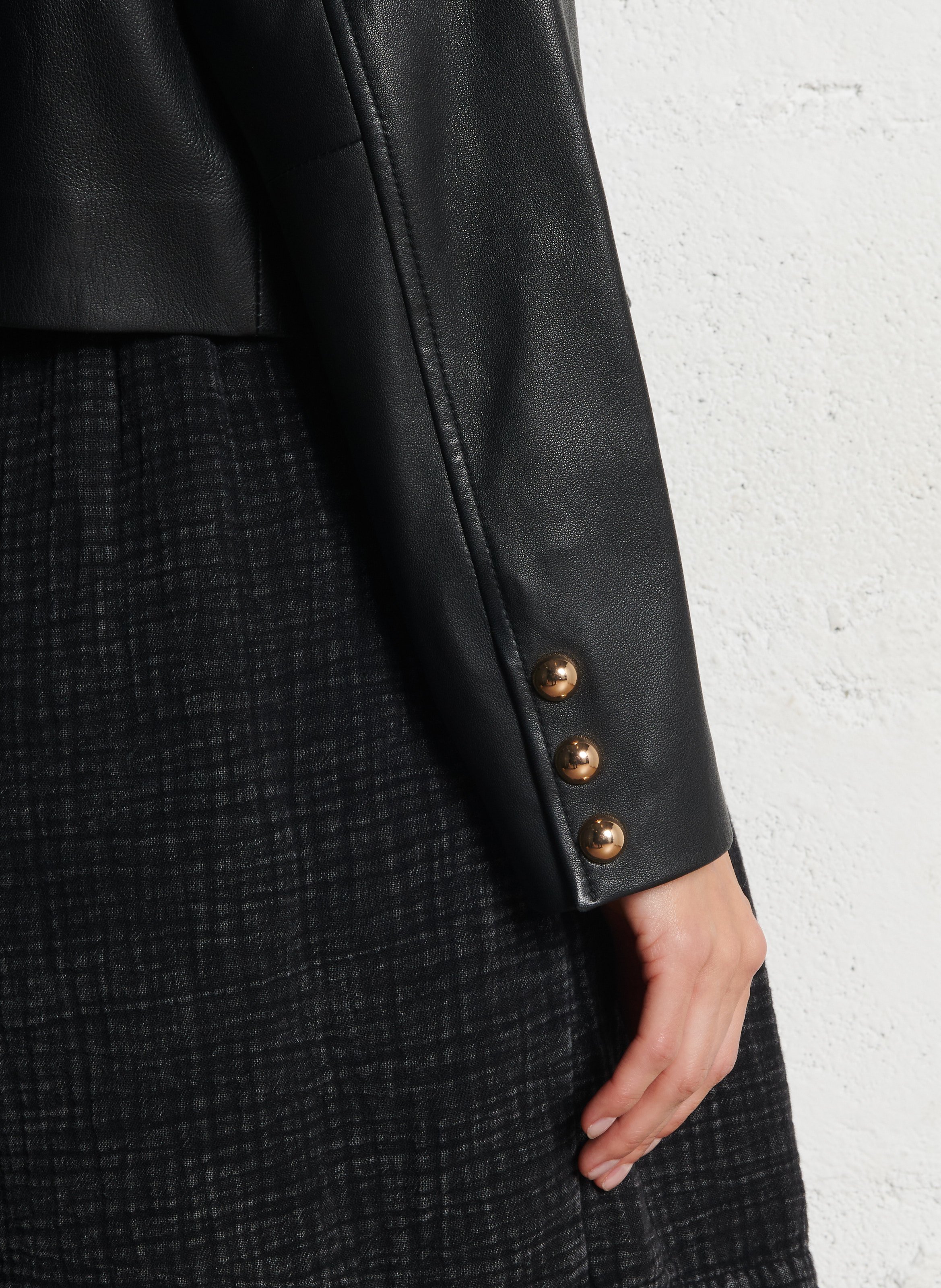 Veste droite col rond en cuir IKKS Noir