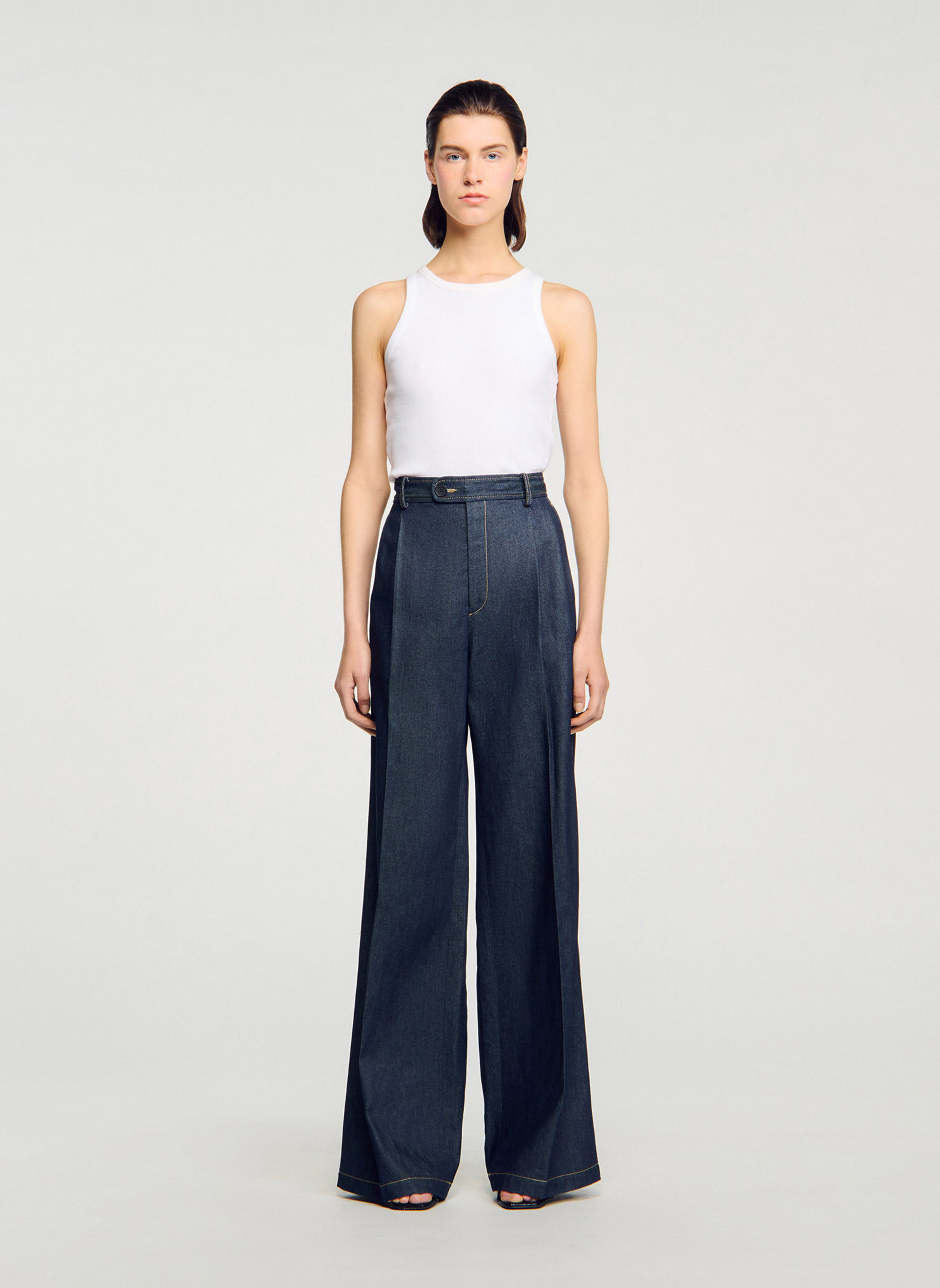 Jean large taille haute brut en coton Bleu