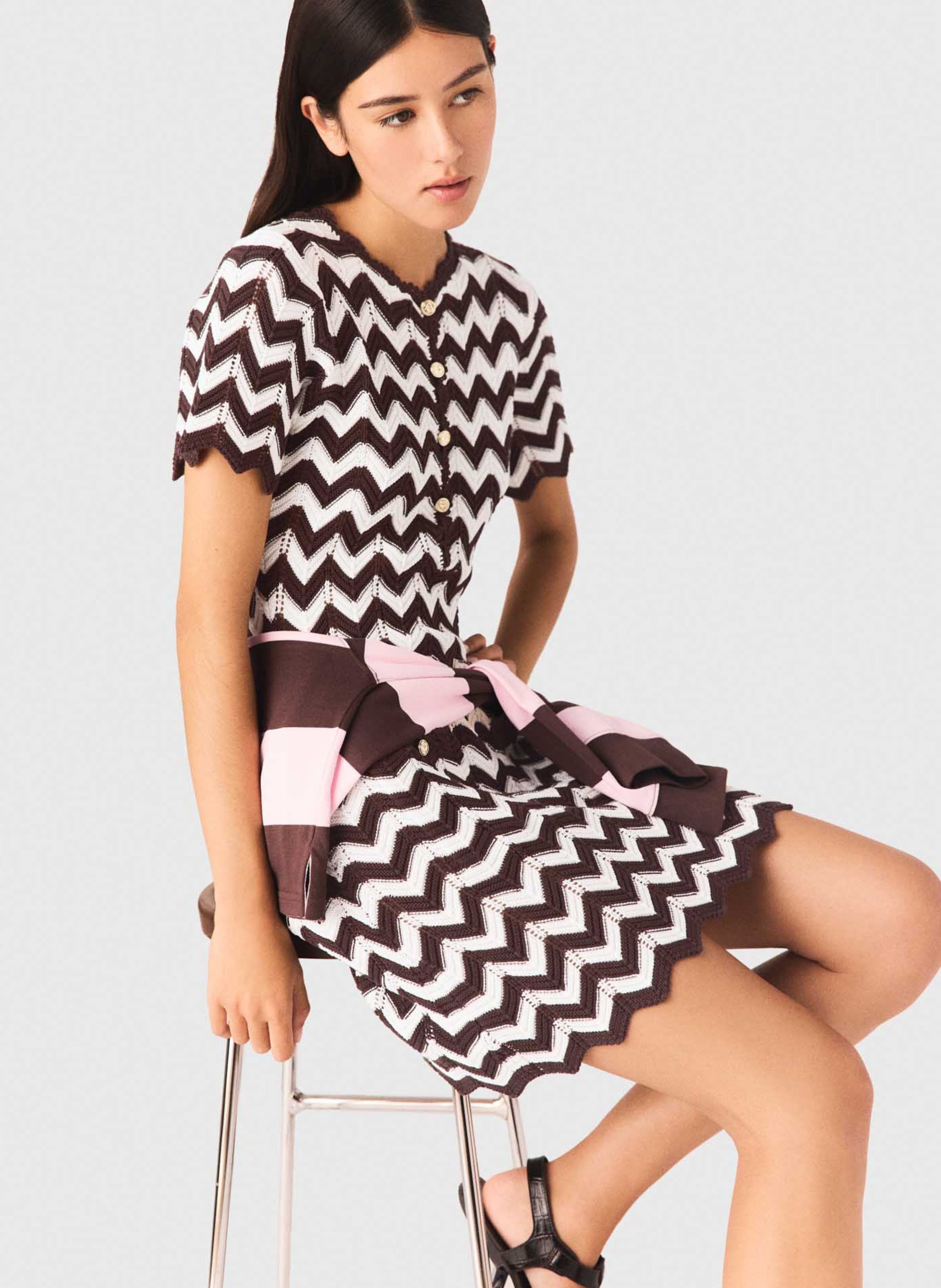 Robe courte col rond en coton rayé MAJE Marron