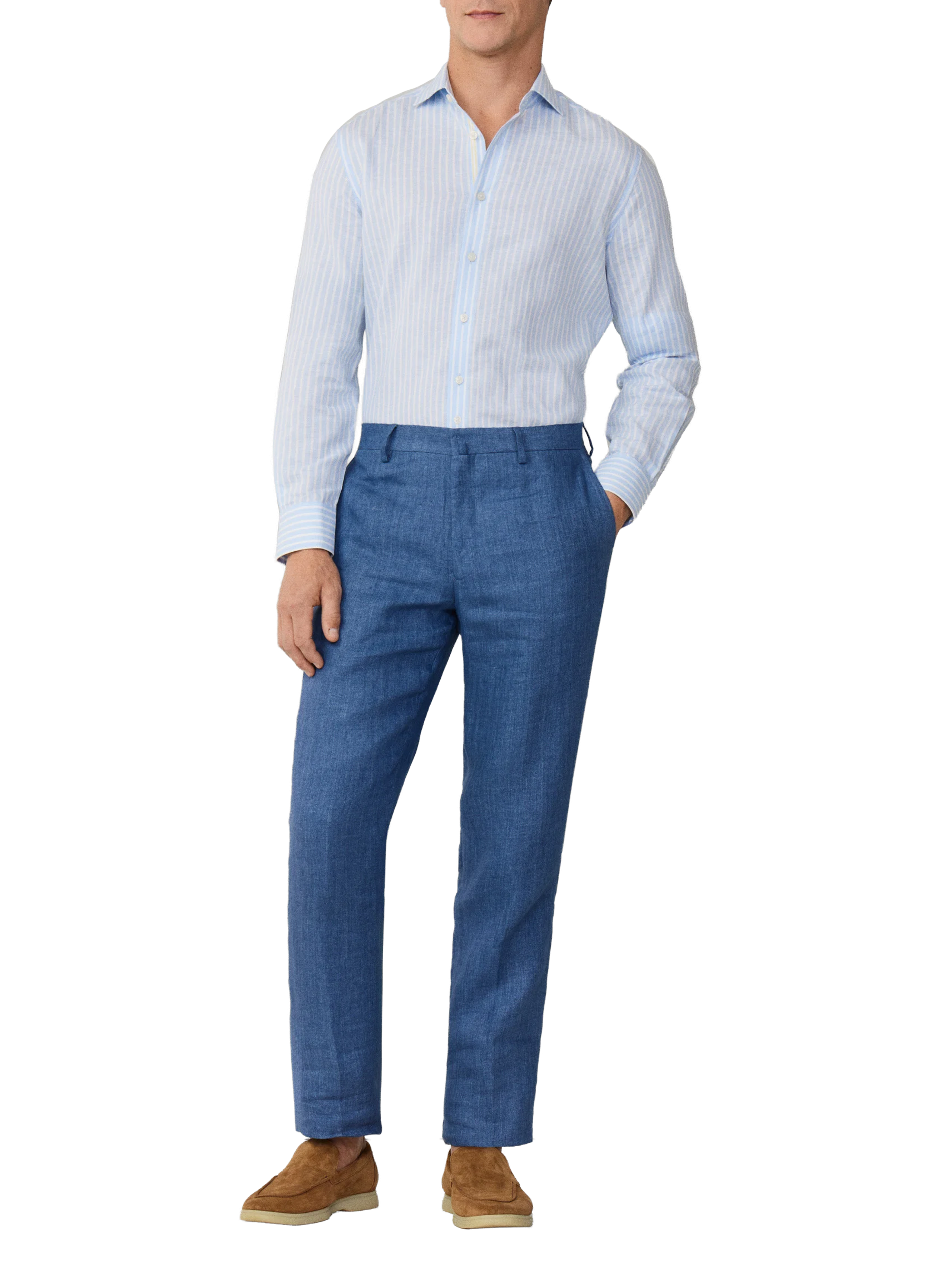 Fitted Striped Linen and Cotton Shirt HACKETT Blue