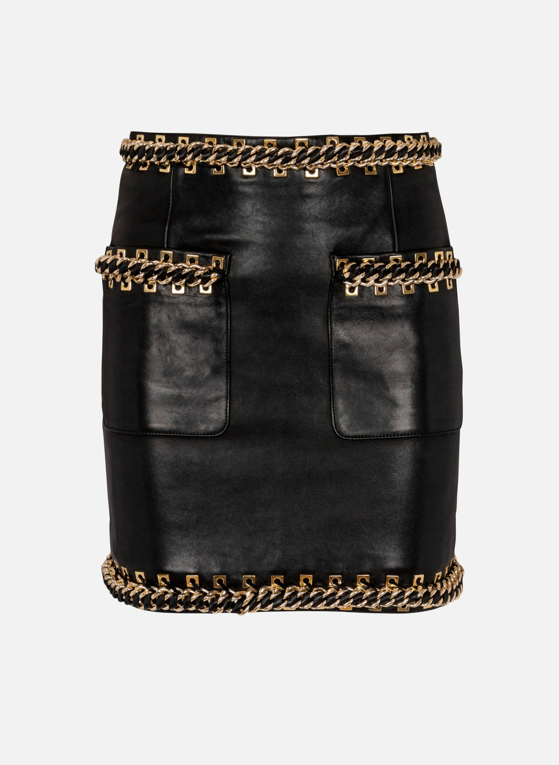 Jupe courte en cuir d'agneau avec chaînes BALMAIN Noir