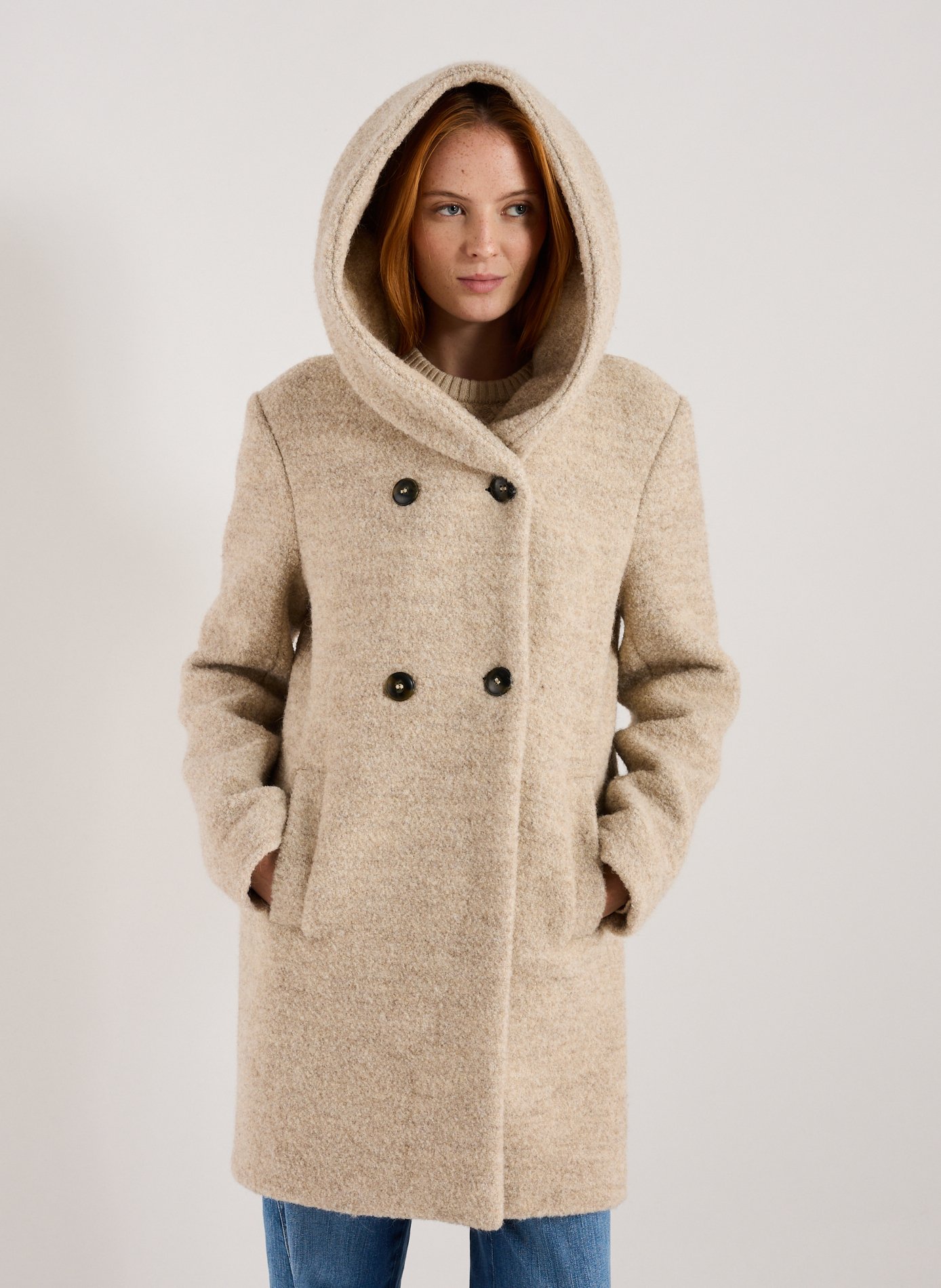 TRENCH & COAT Manteau à capuche en laine vierge et alpaga mélangée Beige
