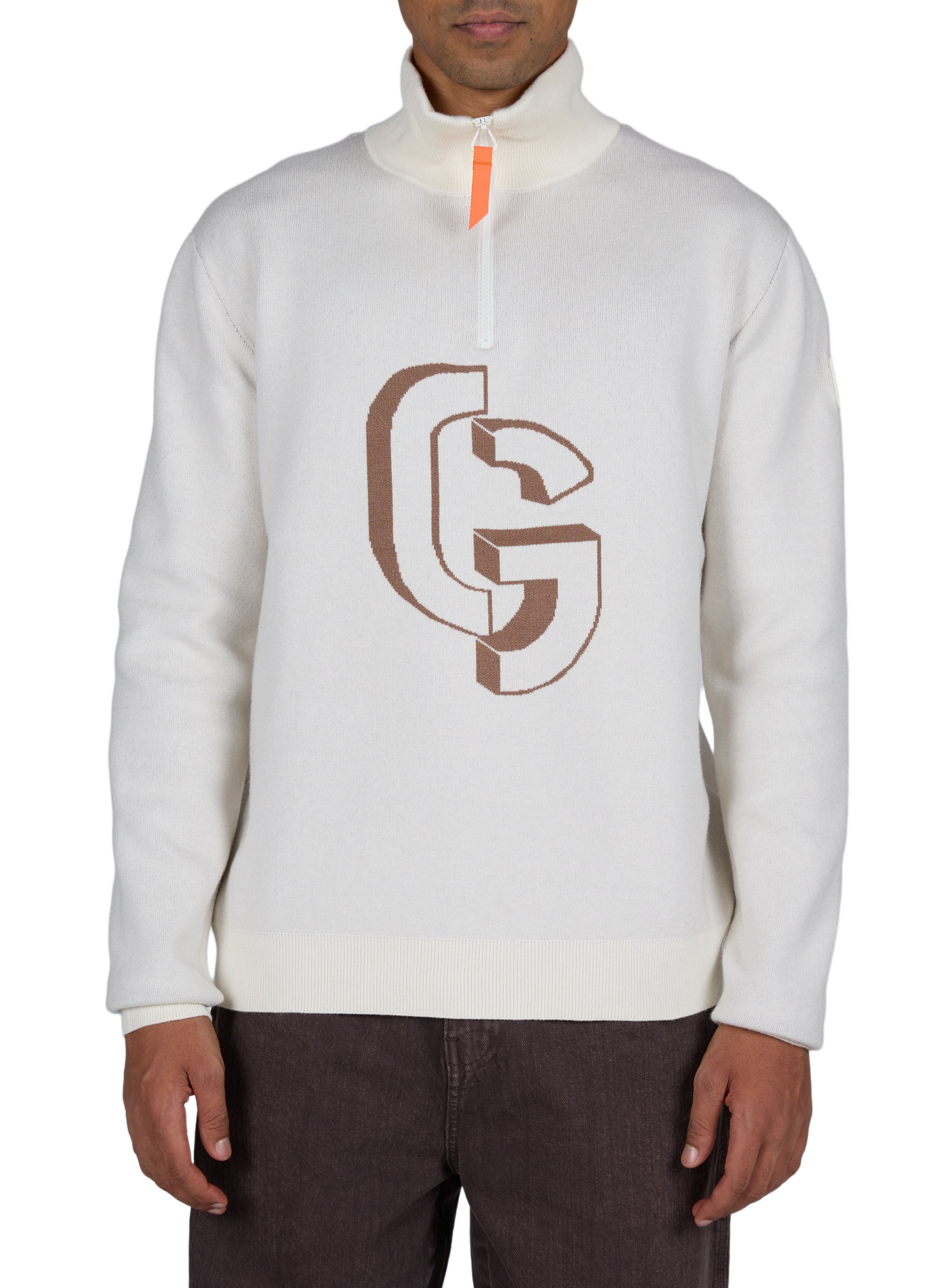Straight-cut sweater with high collar and zippered pattern. GERTRUDE Beige