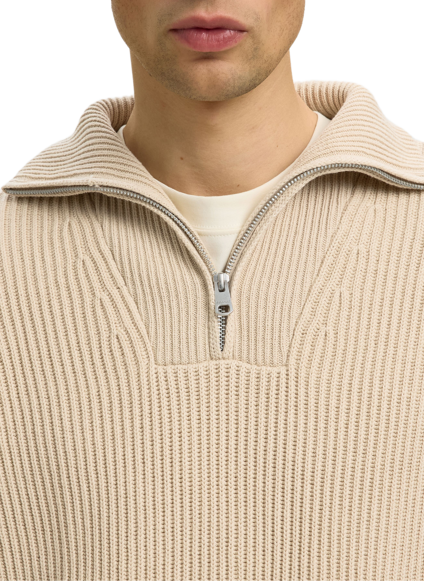 Ribbed cotton high-neck sweater | Beige SELECTED Men