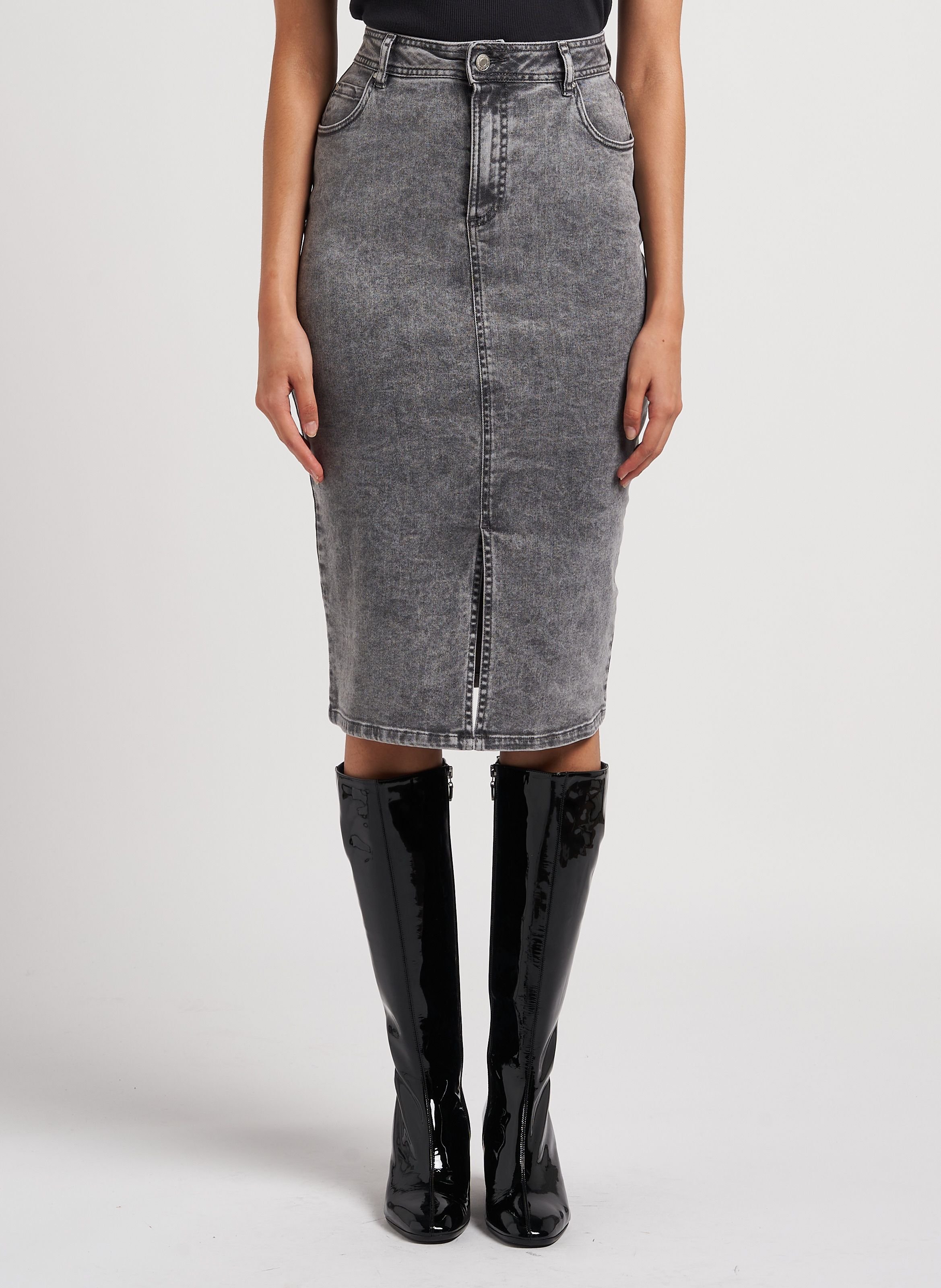 Jupe midi droite en coton mélangé délavé