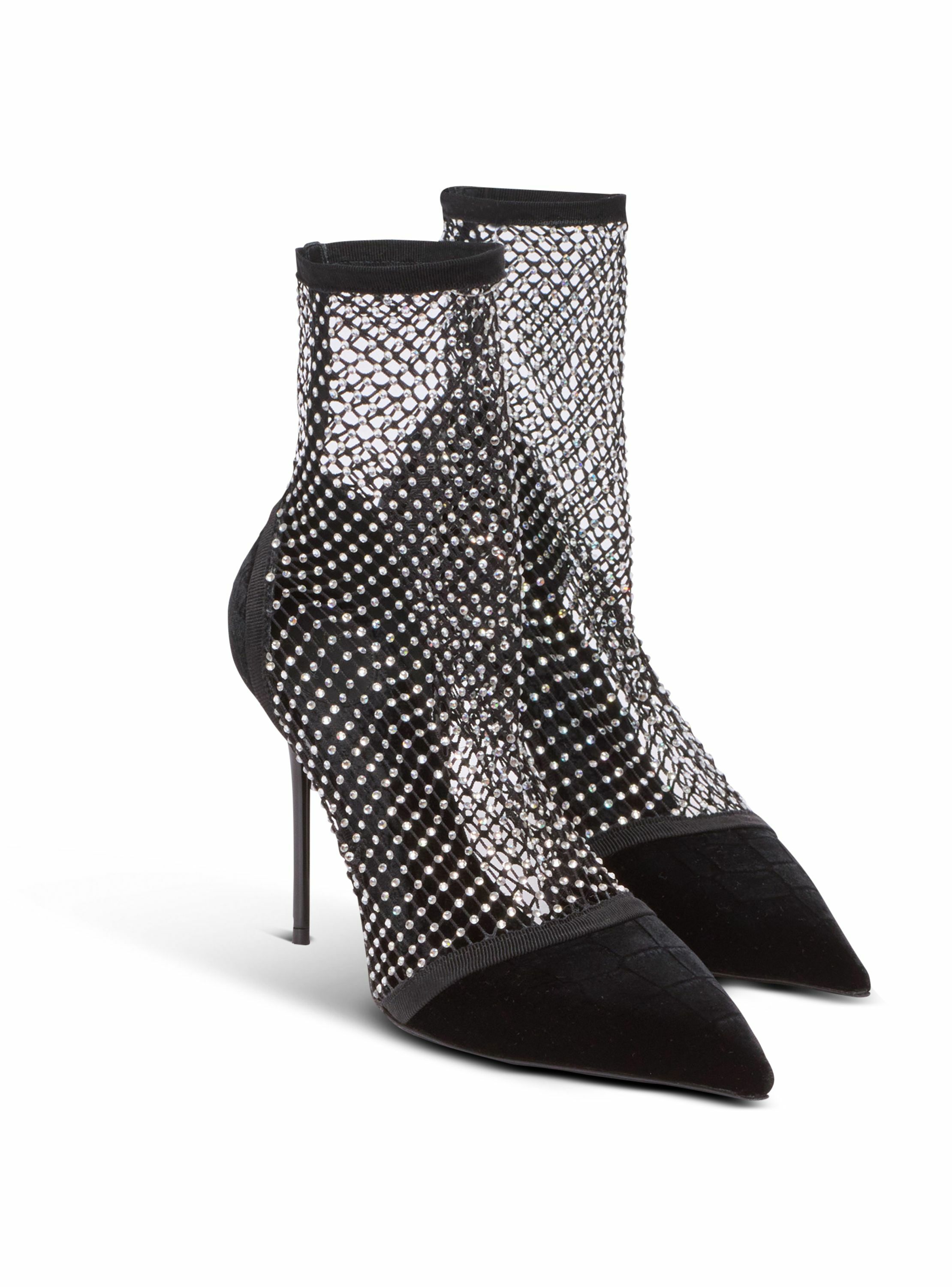Bottines en résille à talons avec velours et strass BALMAIN Noir