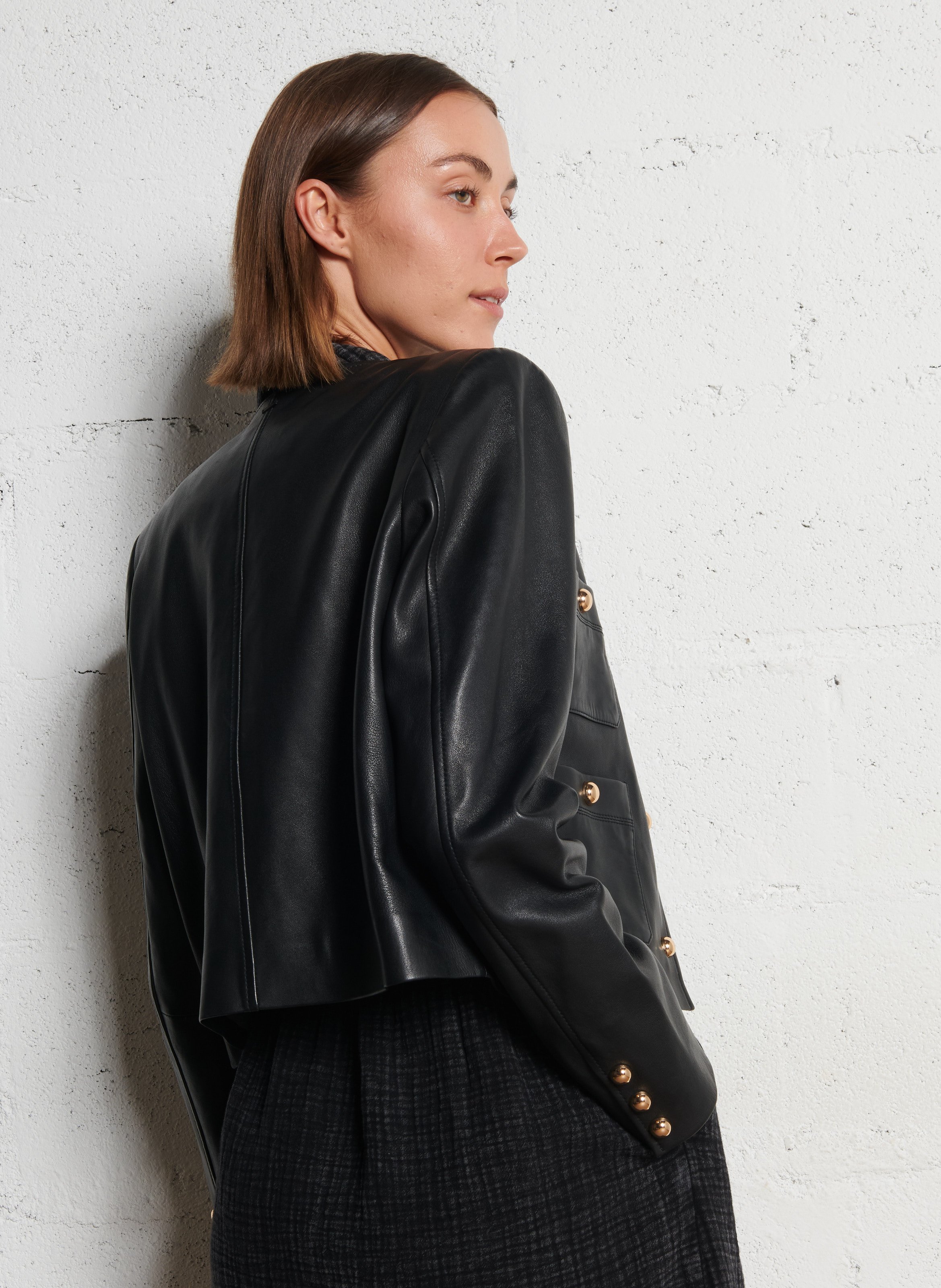 Veste droite col rond en cuir IKKS Noir