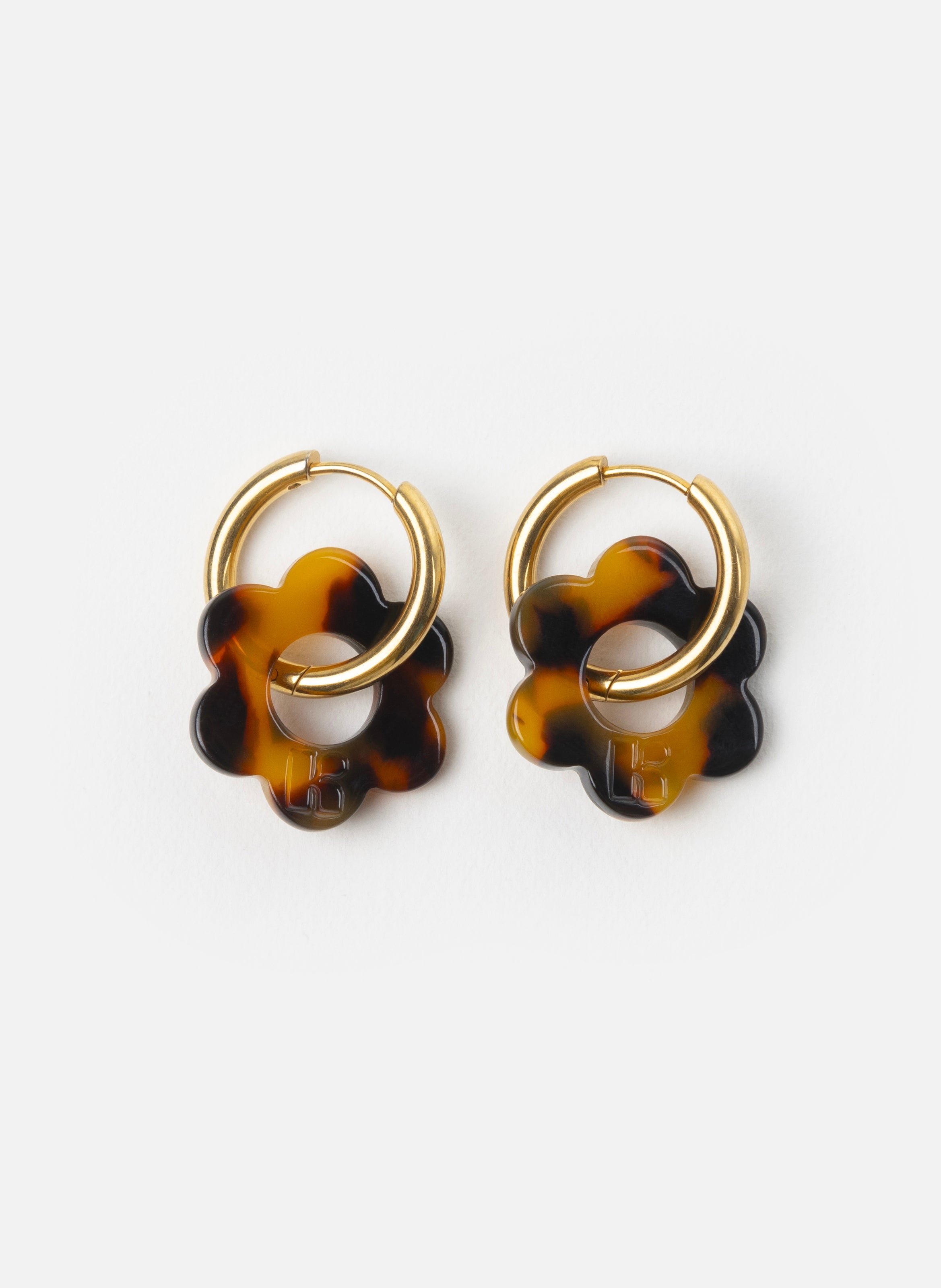Boucles d'oreilles baby fleurette avec anneaux en acier inoxydable doré KURAGE GINZA Marron