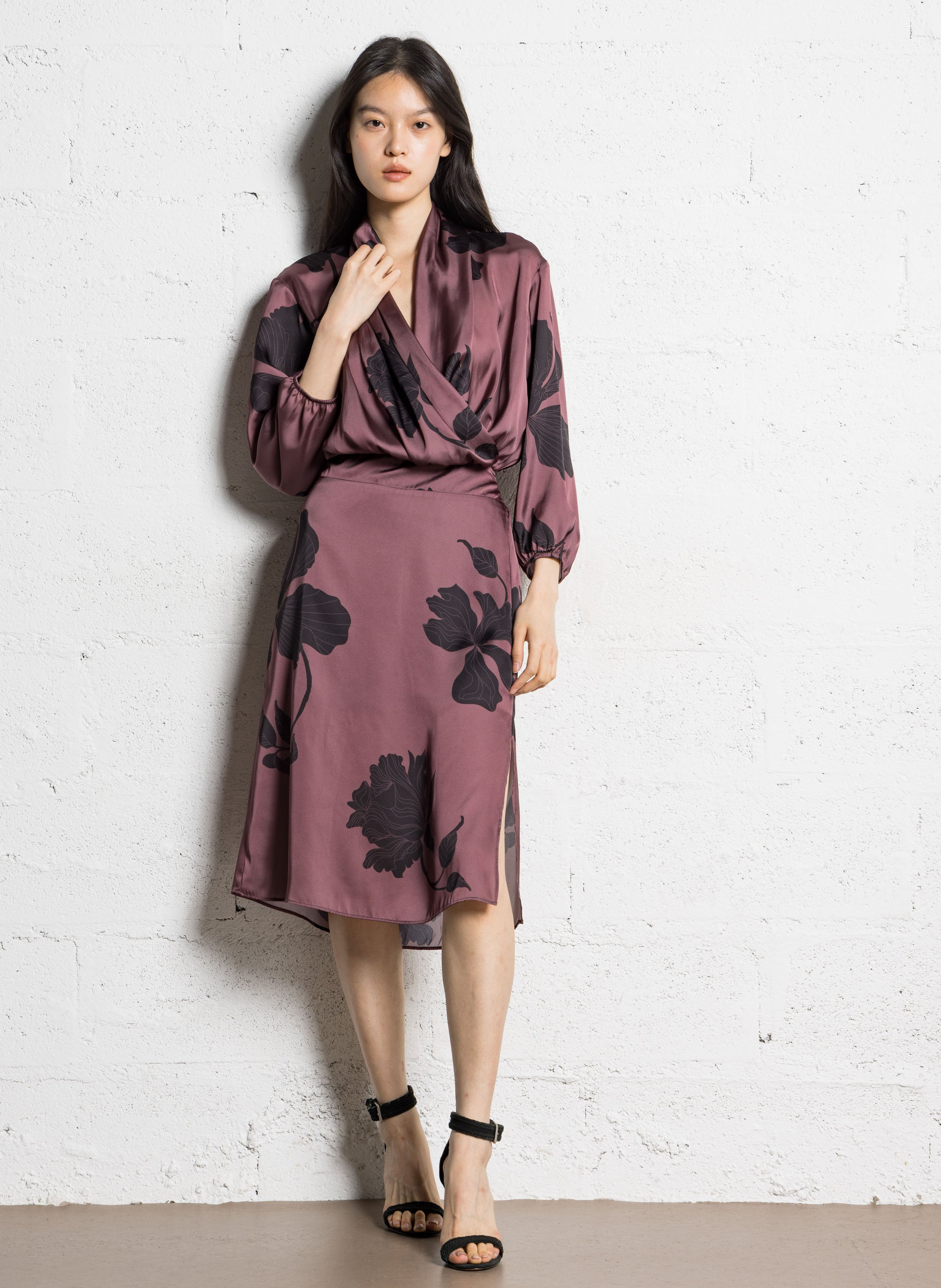 Robe midi col v imprimé floral IKKS Marron