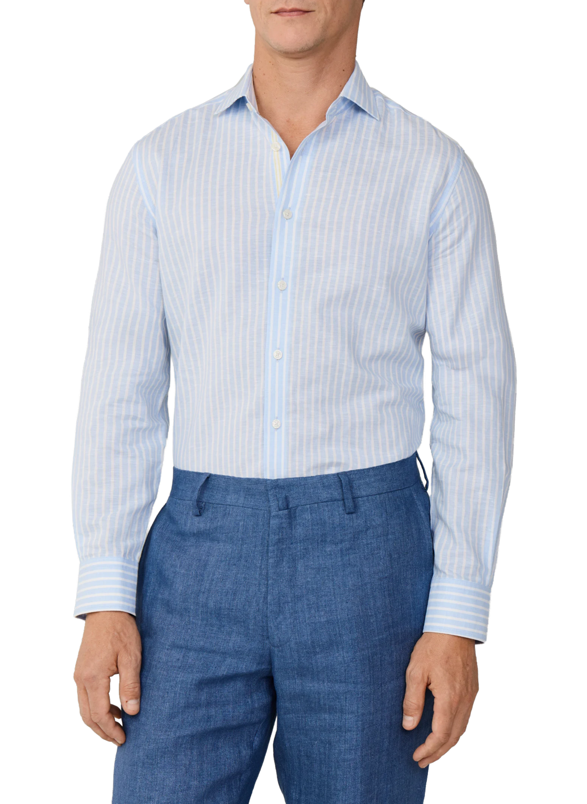 Fitted Striped Linen and Cotton Shirt HACKETT Blue
