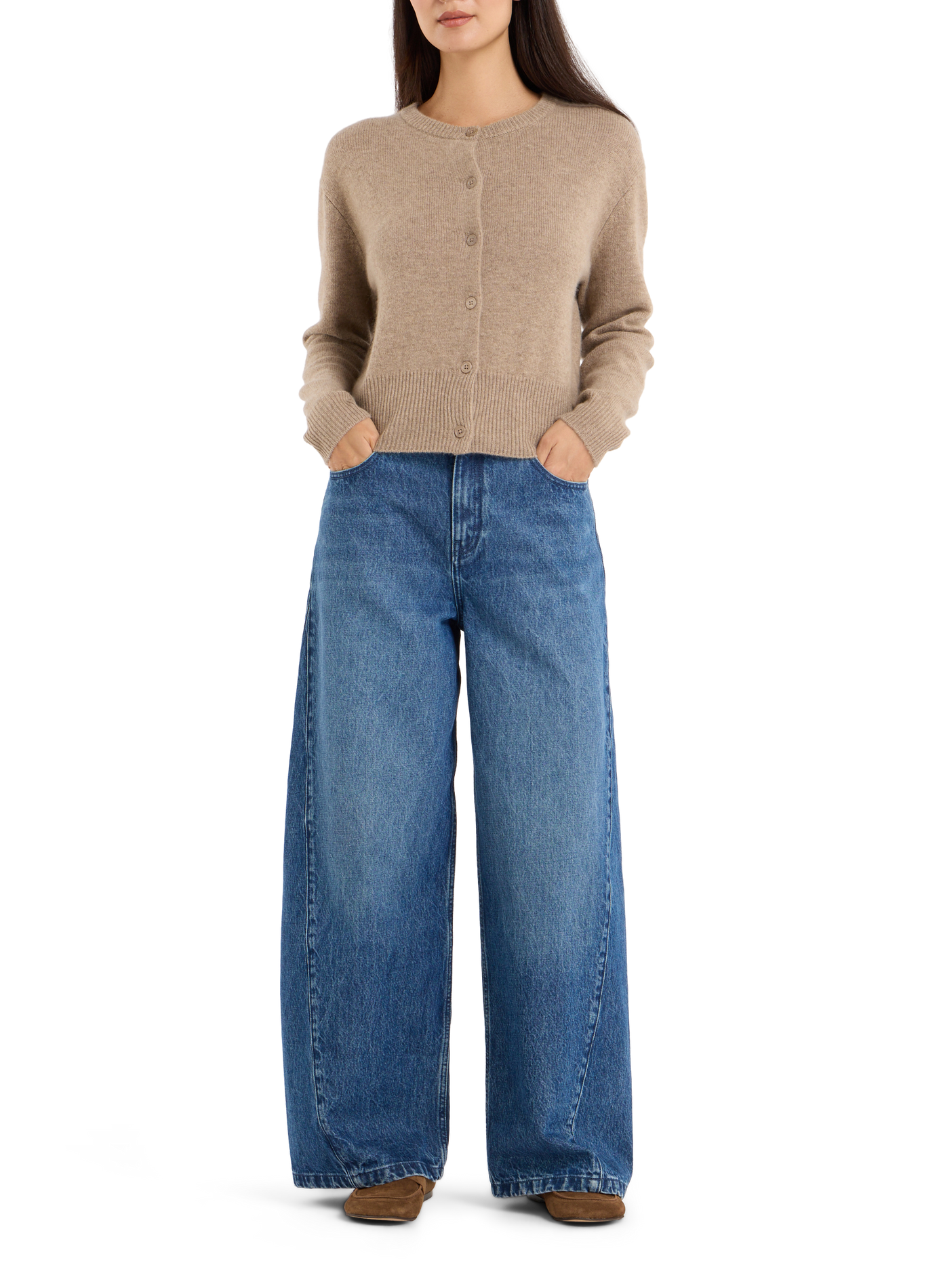 Fluffy round-neck cashmere cardigan SAISON 1865 Brown
