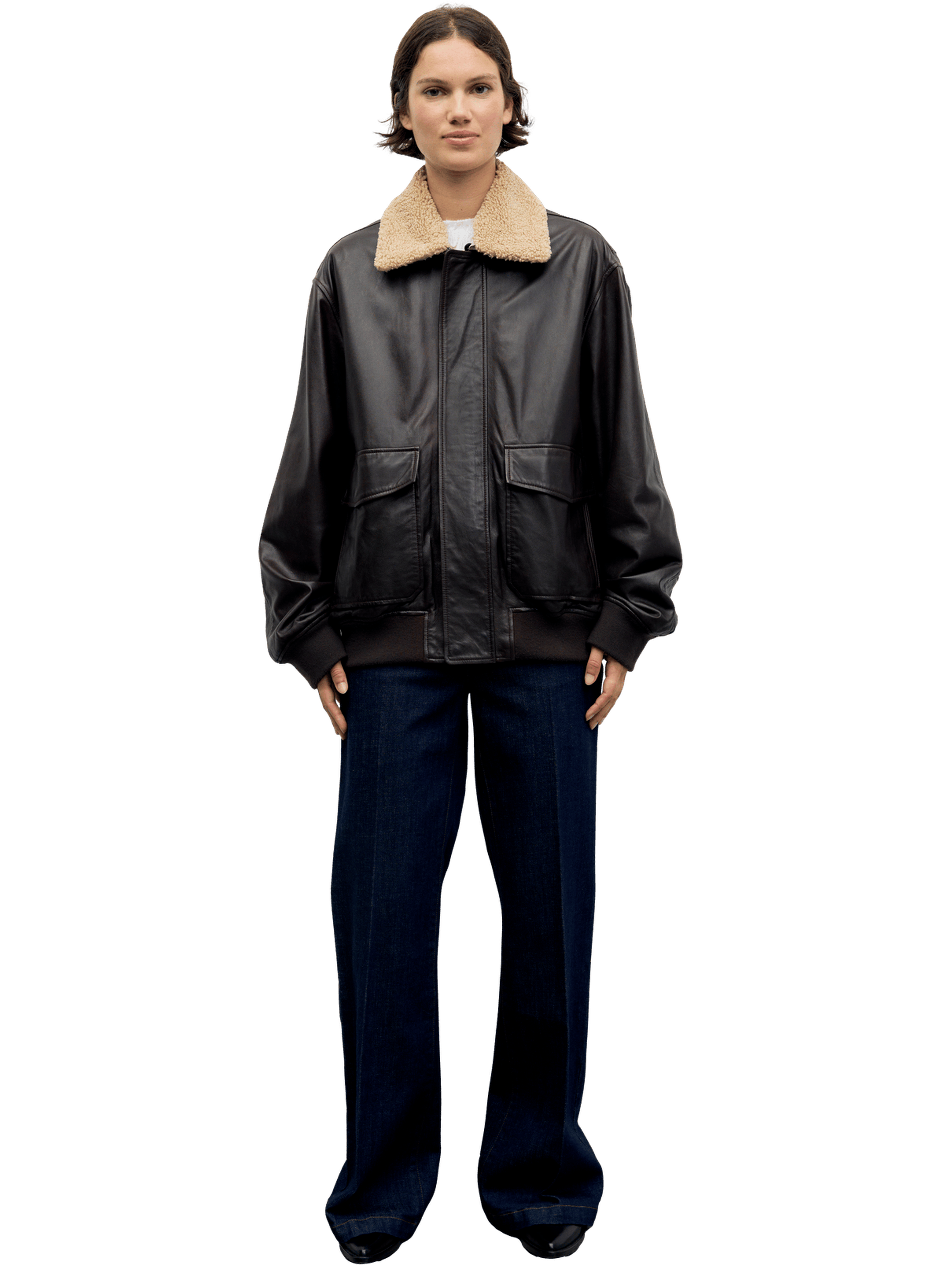 Blouson aviateur en cuir et col en fourrure - pippa GERARD DAREL Marron