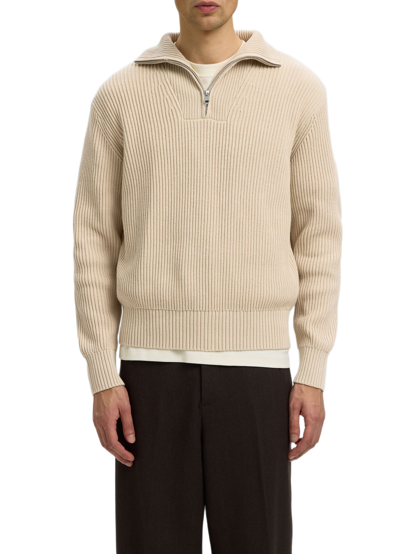 Ribbed cotton high-neck sweater | Beige SELECTED Men