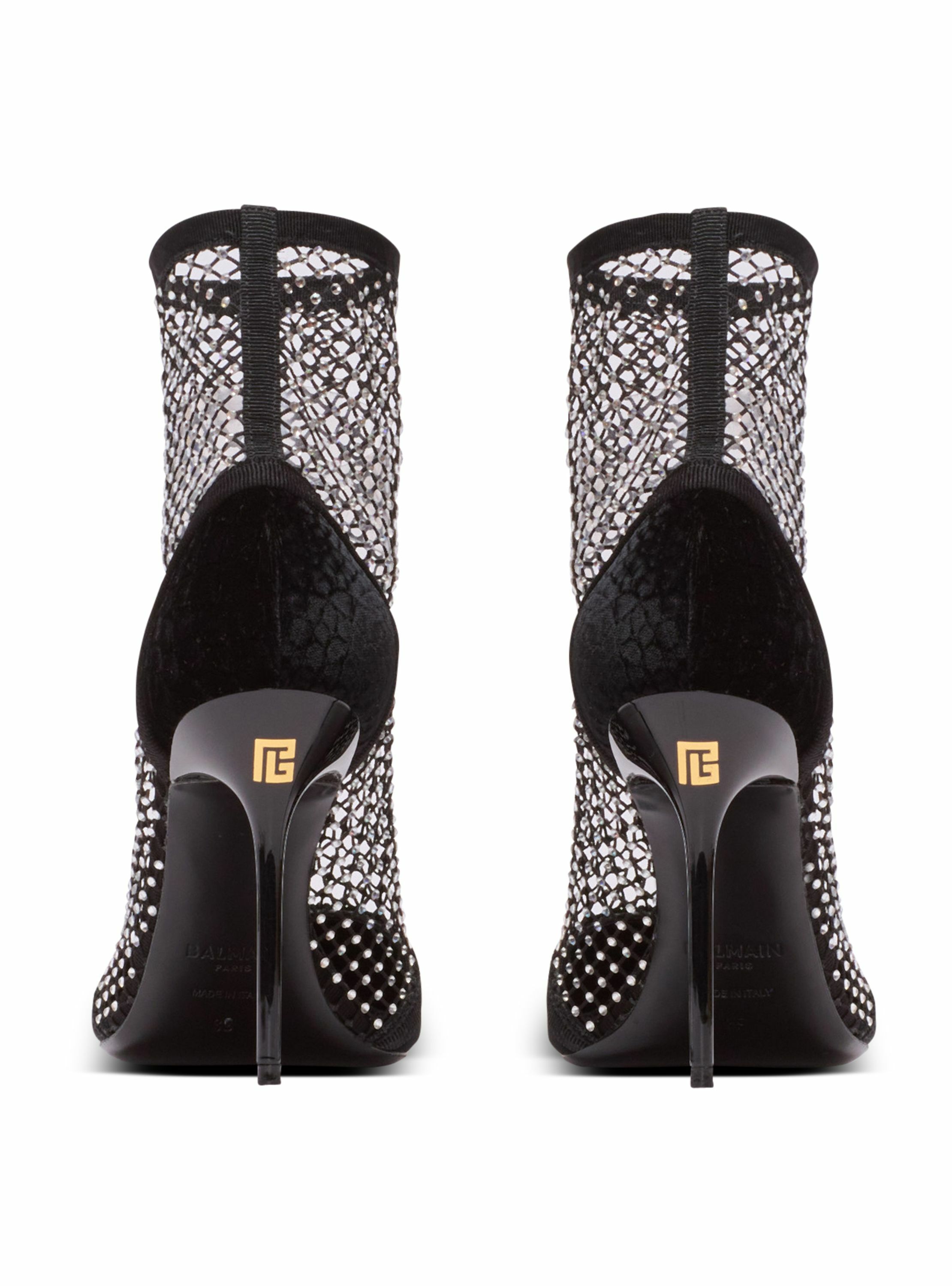 Bottines en résille à talons avec velours et strass BALMAIN Noir
