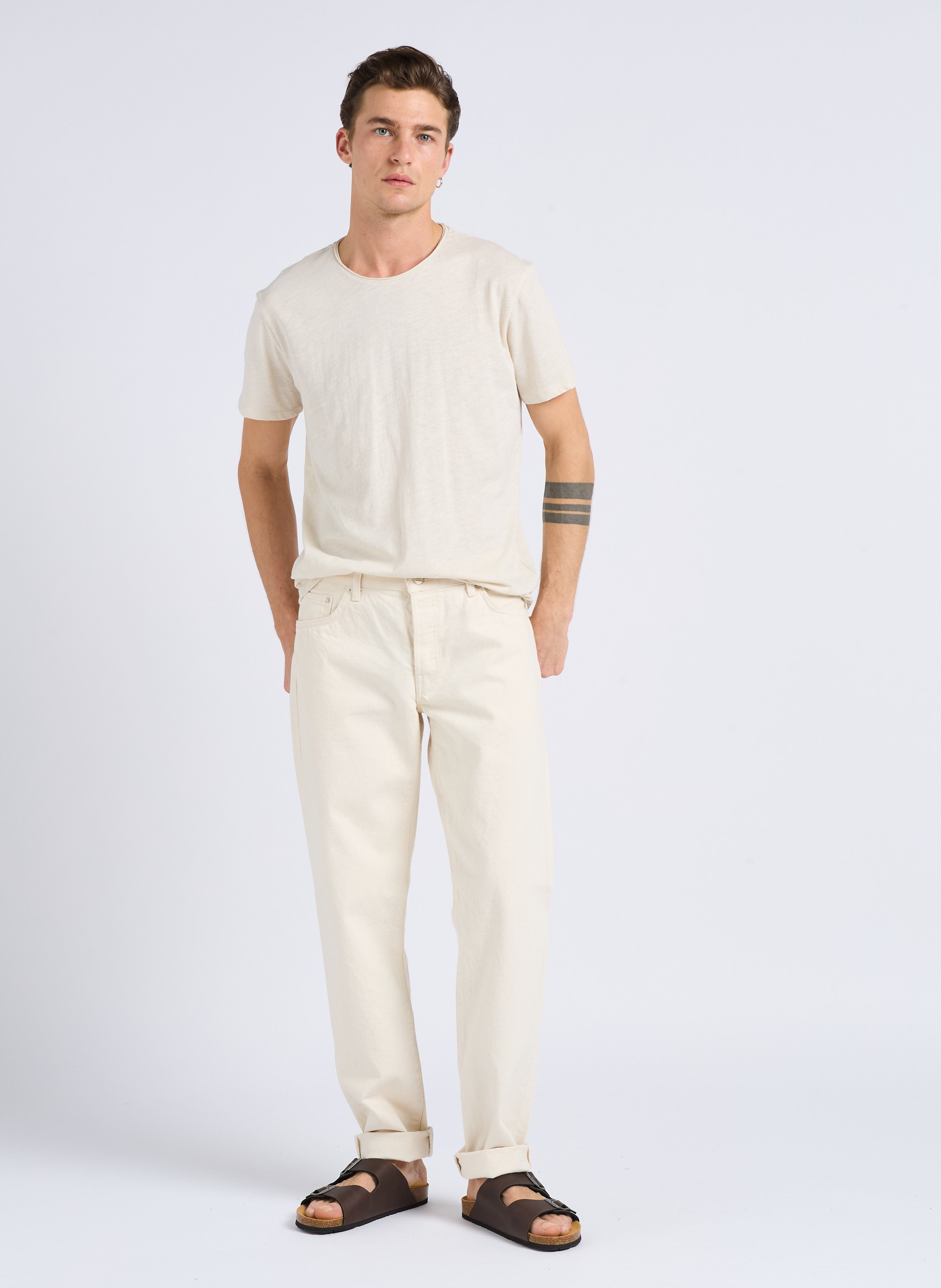 Tee-shirt col rond en coton flammé Blanc